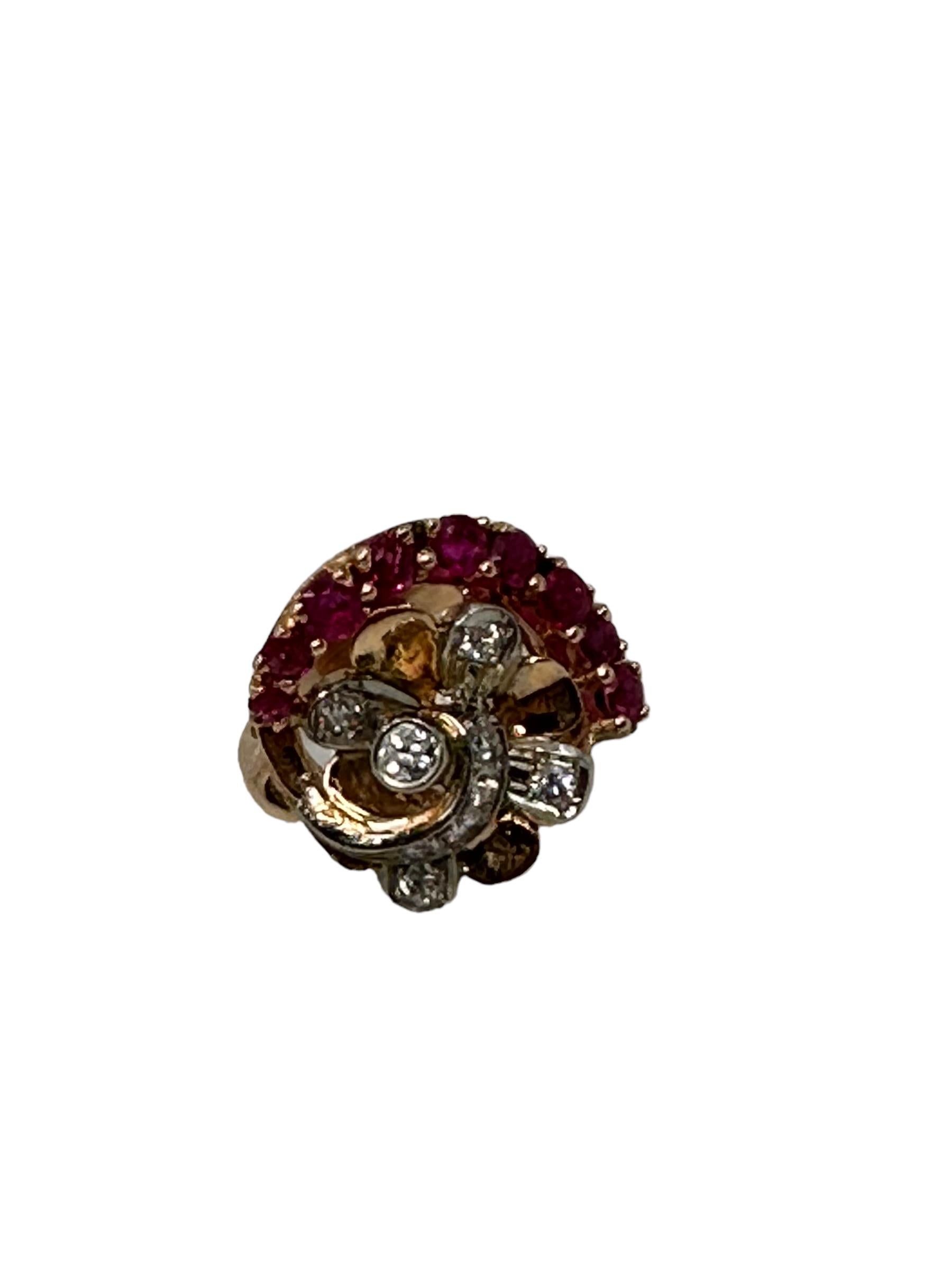 Old European Cut Retro Ruby and Diamond 14k Gold and Platinum Ring For Sale