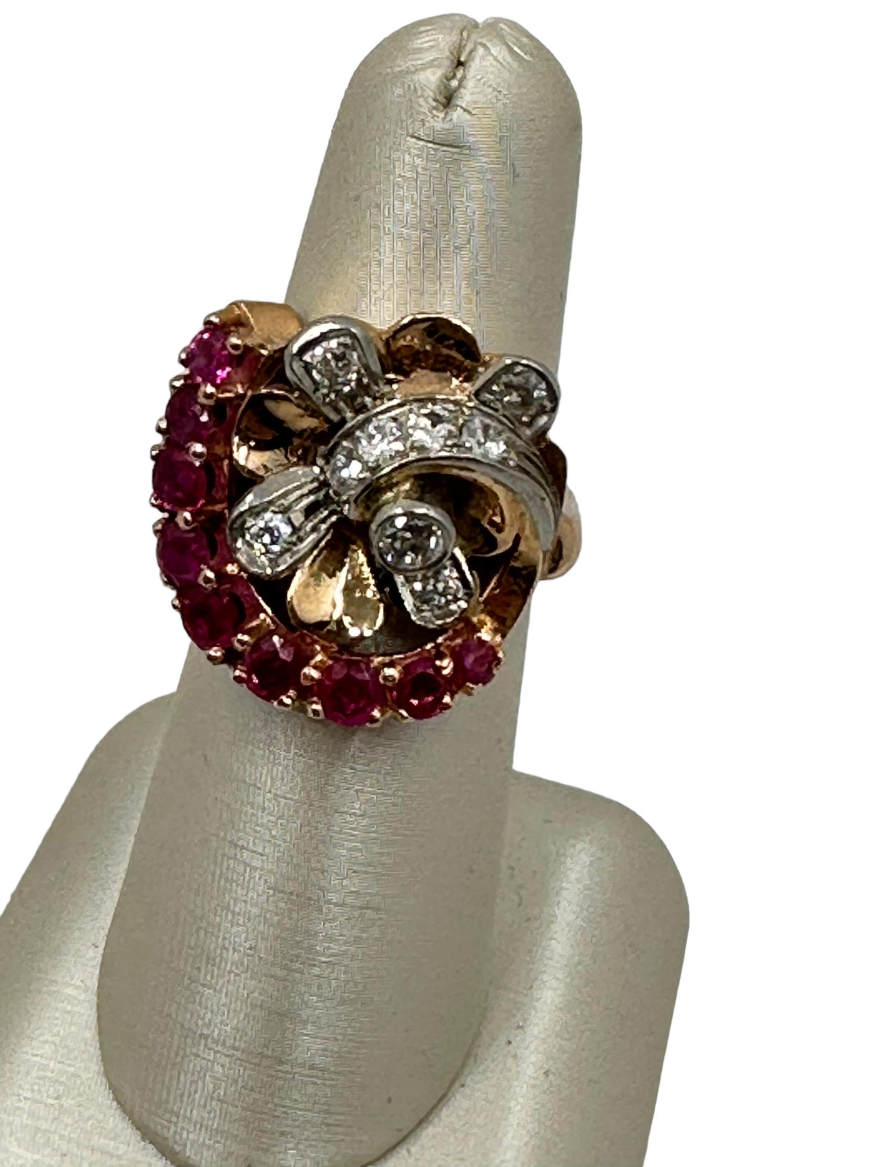 Women's or Men's Retro Ruby and Diamond 14k Gold and Platinum Ring For Sale