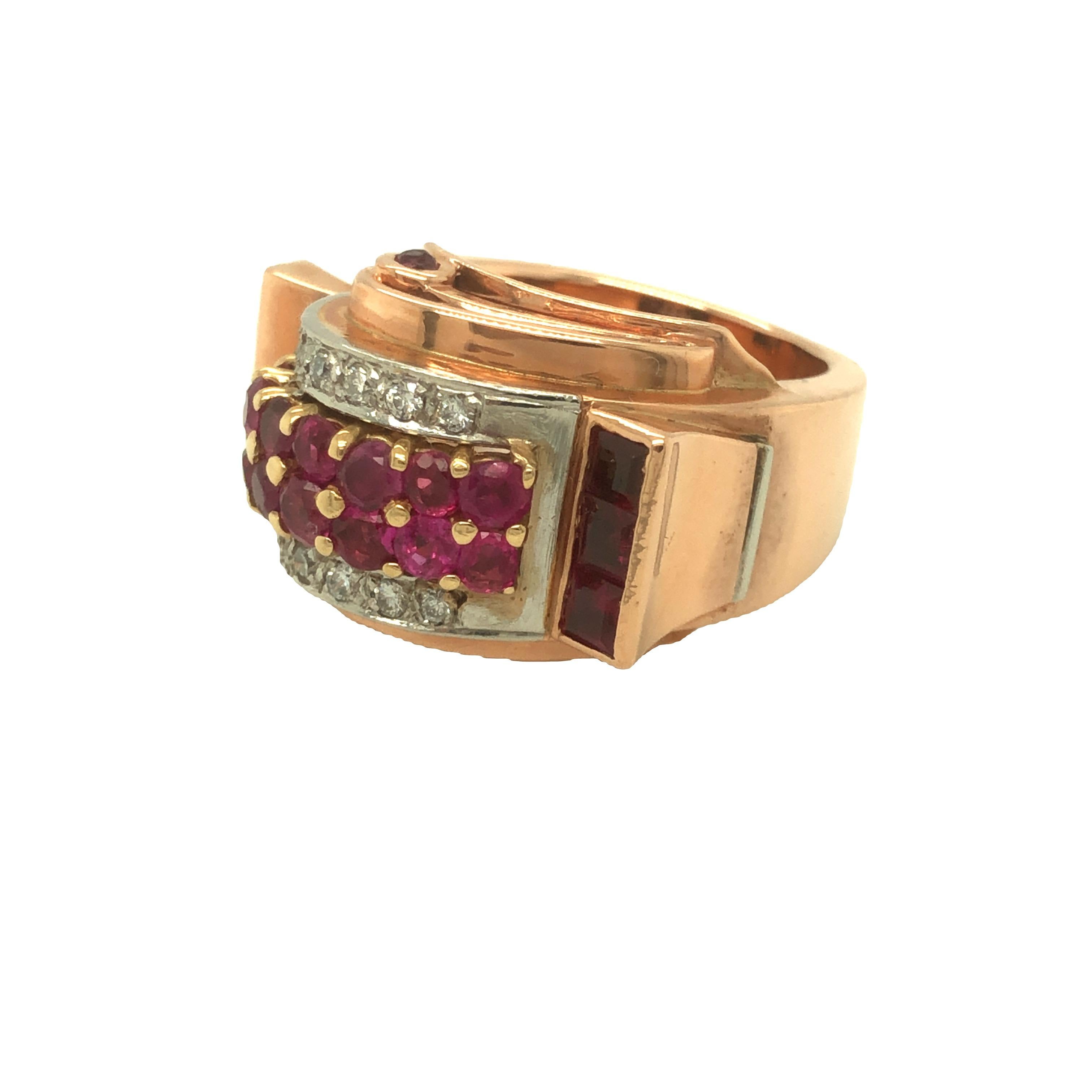 Round Cut Retro Ruby and Diamond 14k Rose Gold Ring For Sale