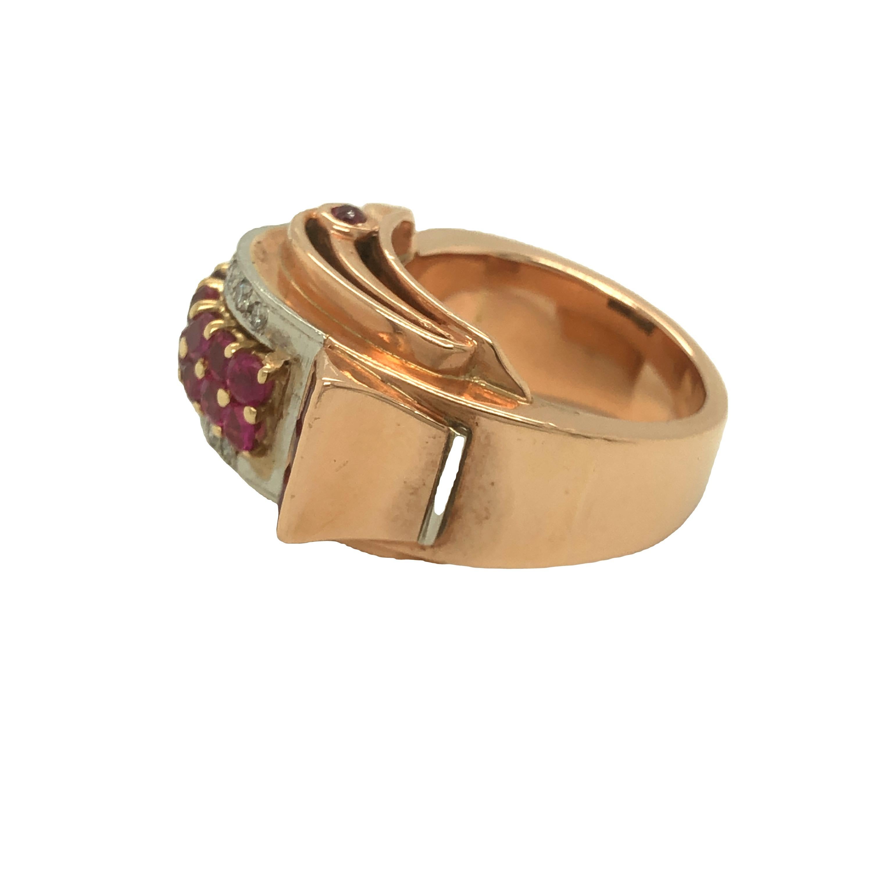 Retro Ruby and Diamond 14k Rose Gold Ring In Good Condition For Sale In beverly hills, CA
