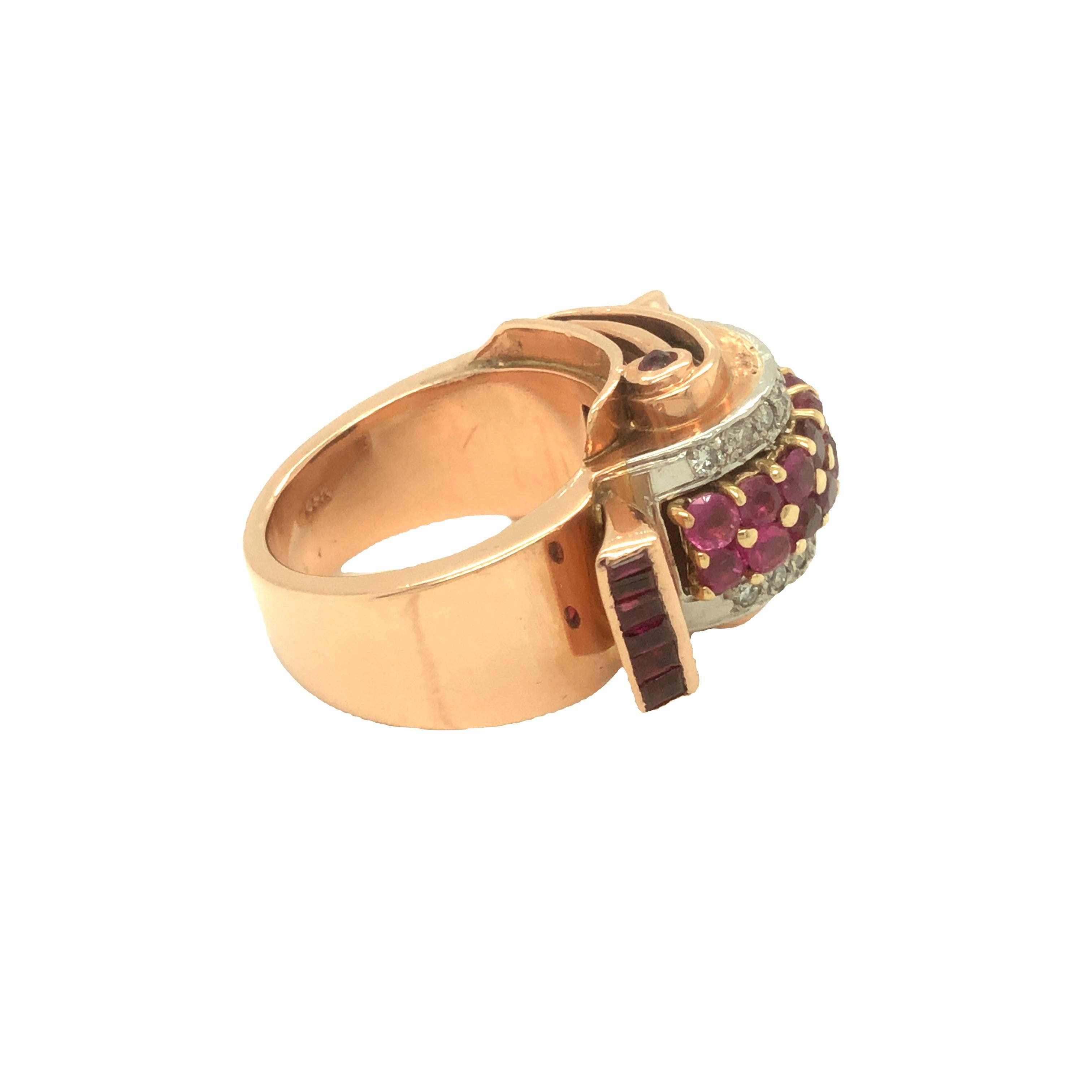 Women's Retro Ruby and Diamond 14k Rose Gold Ring For Sale