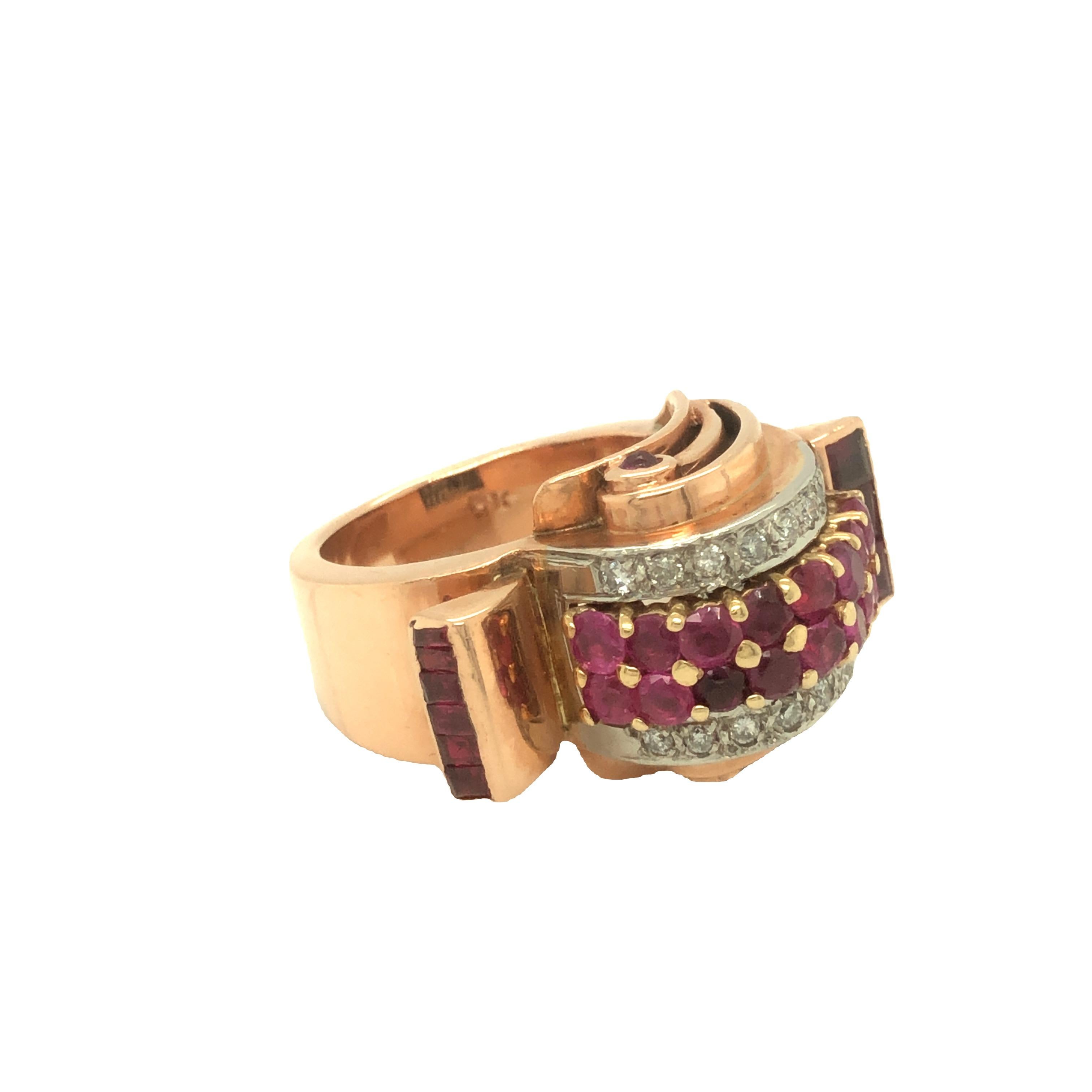 Retro Ruby and Diamond 14k Rose Gold Ring For Sale 1