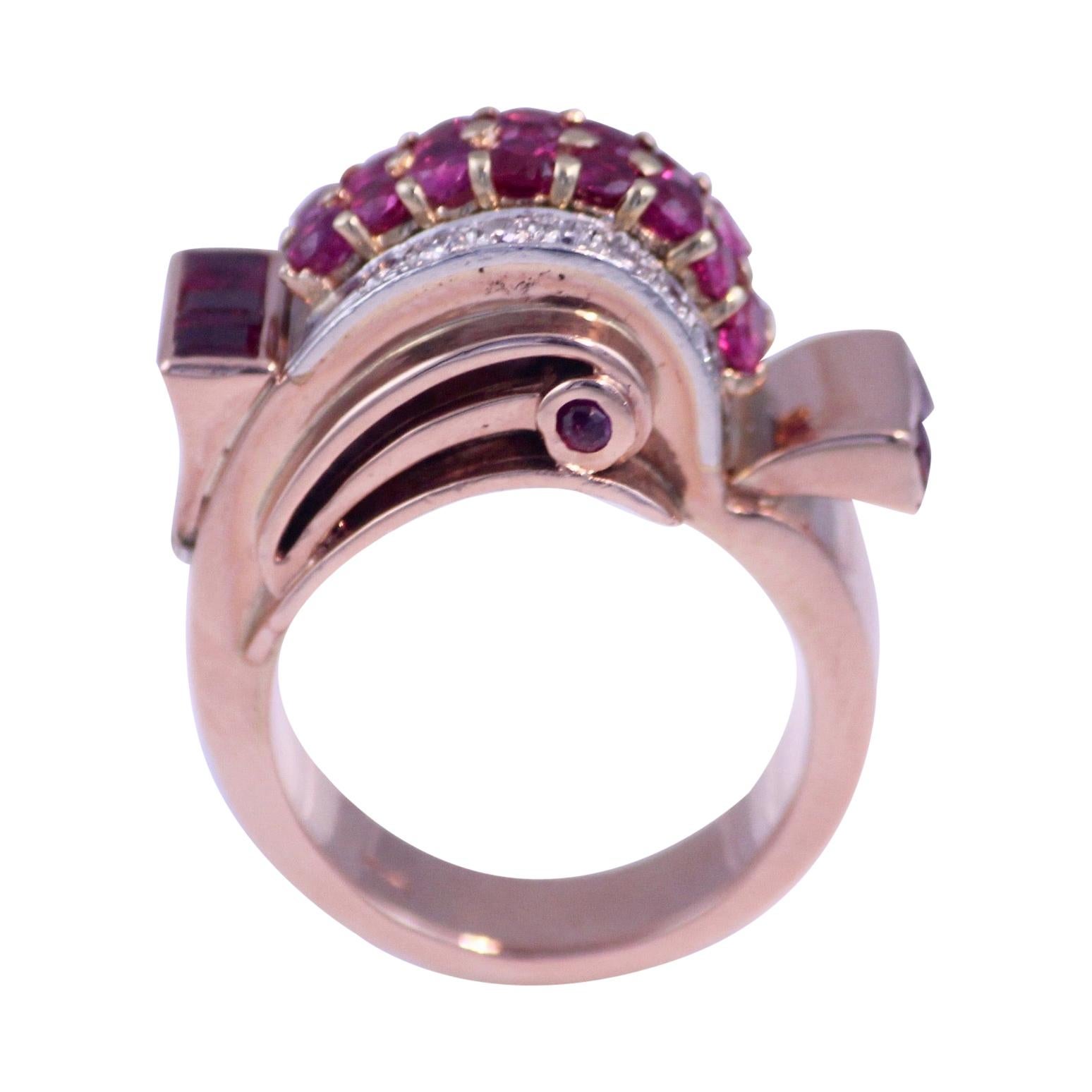 Retro Rubin- und Diamant-Ring aus 14 Karat Roségold im Zustand „Gut“ im Angebot in beverly hills, CA