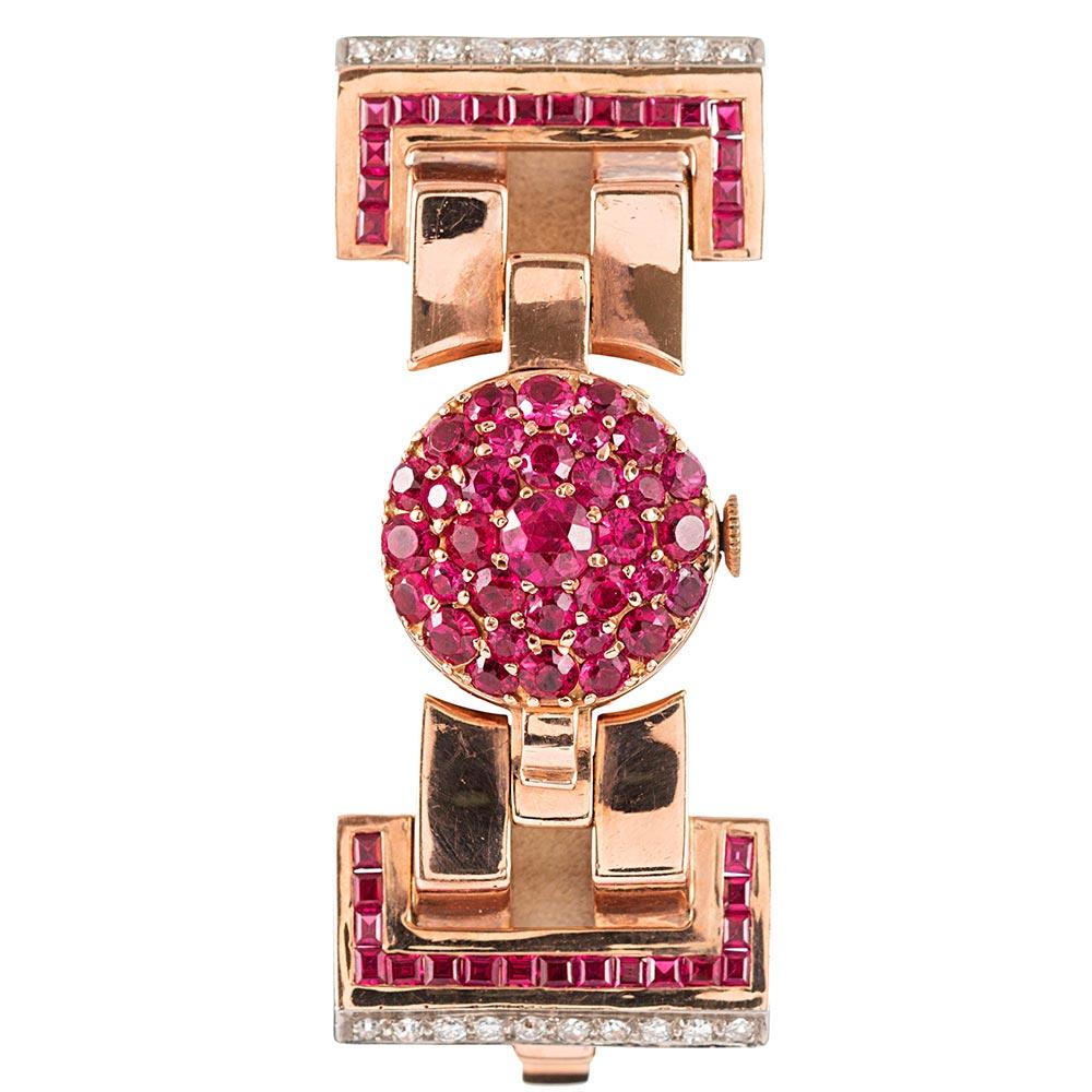 Retro Ruby and Diamond Bracelet with Concealed Watch In Good Condition In Carmel-by-the-Sea, CA