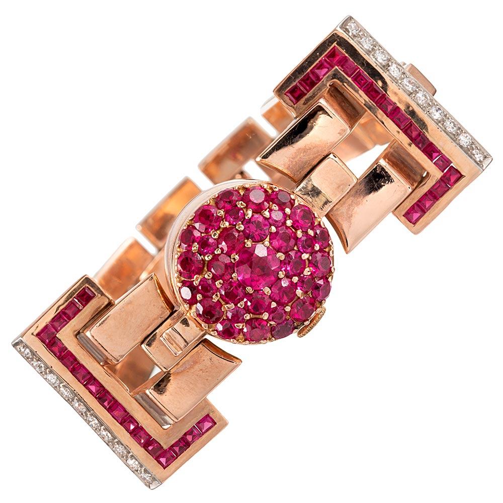 Retro Ruby and Diamond Bracelet with Concealed Watch