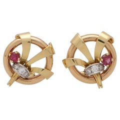 Retro Ruby and Diamond Circular Earrings in 18k Rose, Yellow and White Gold