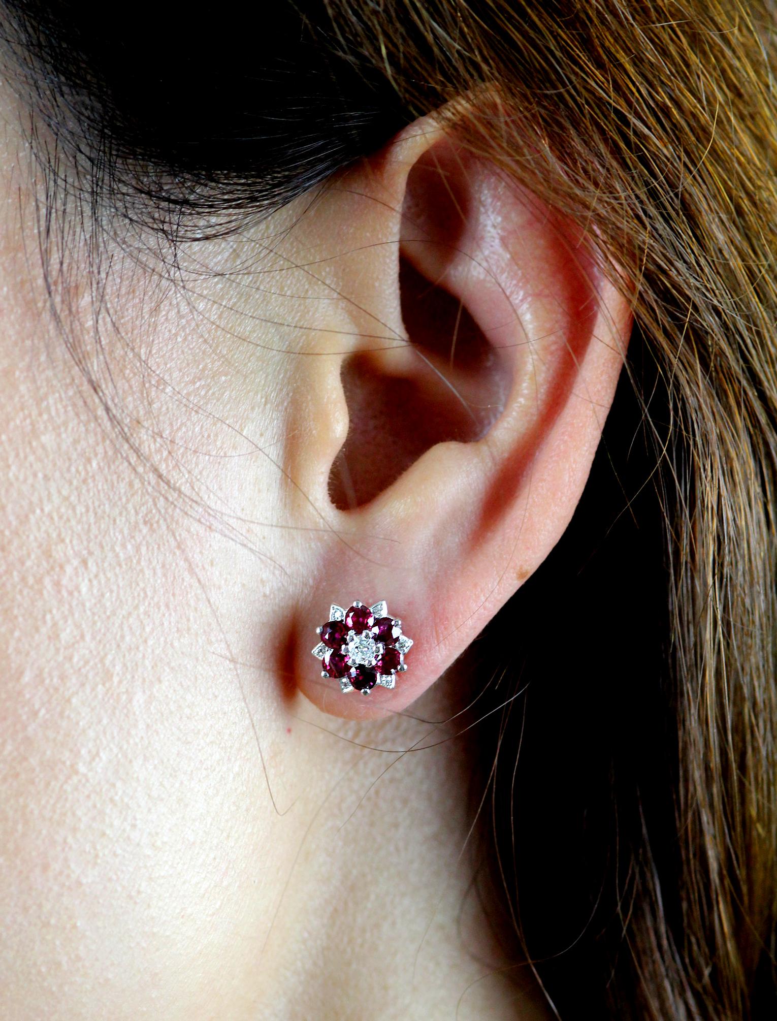 Retro Ruby and Diamond Cluster Earrings, 18 Carat White Gold, Pin and Push On In Excellent Condition In London, GB