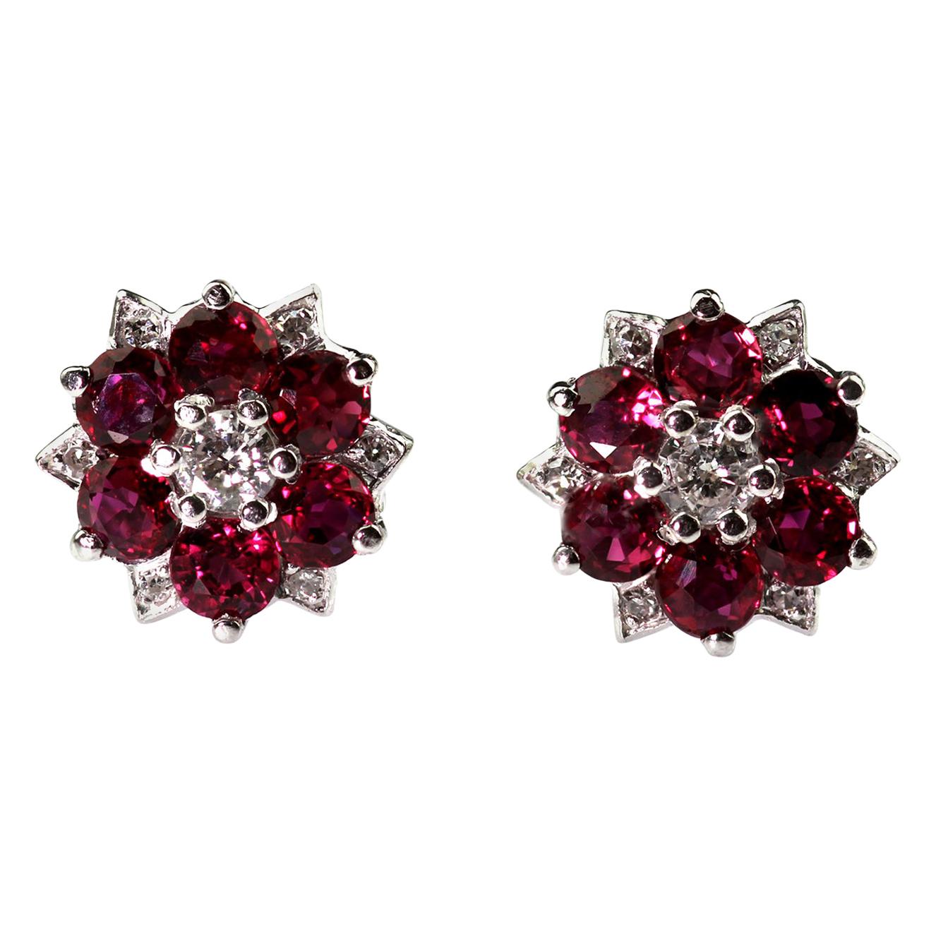 Retro Ruby and Diamond Cluster Earrings, 18 Carat White Gold, Pin and Push On