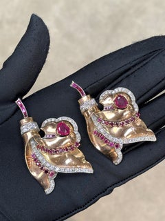 Retro Ruby and Diamond Double Clip Brooch