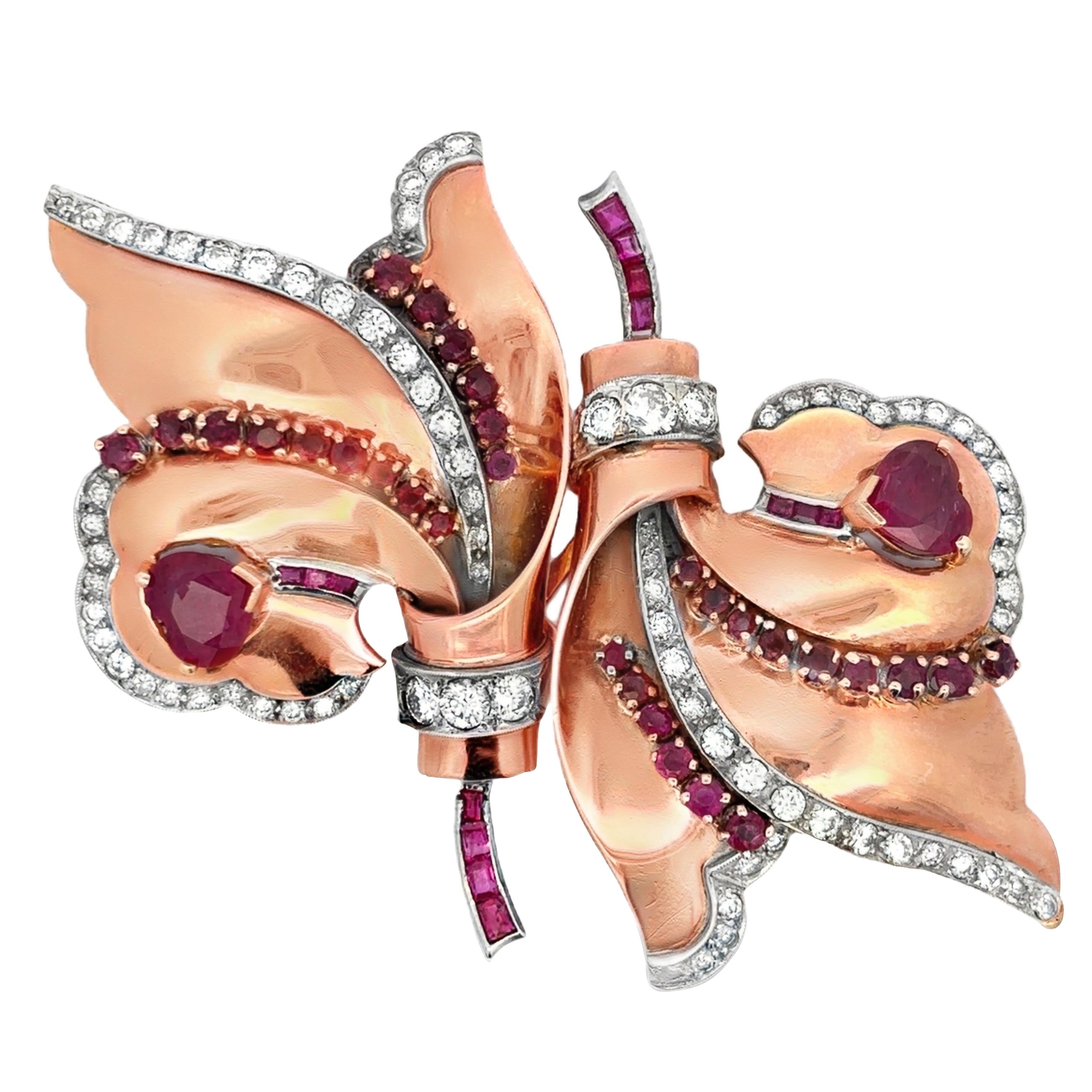 Broche rétro à double clip en rubis et diamants