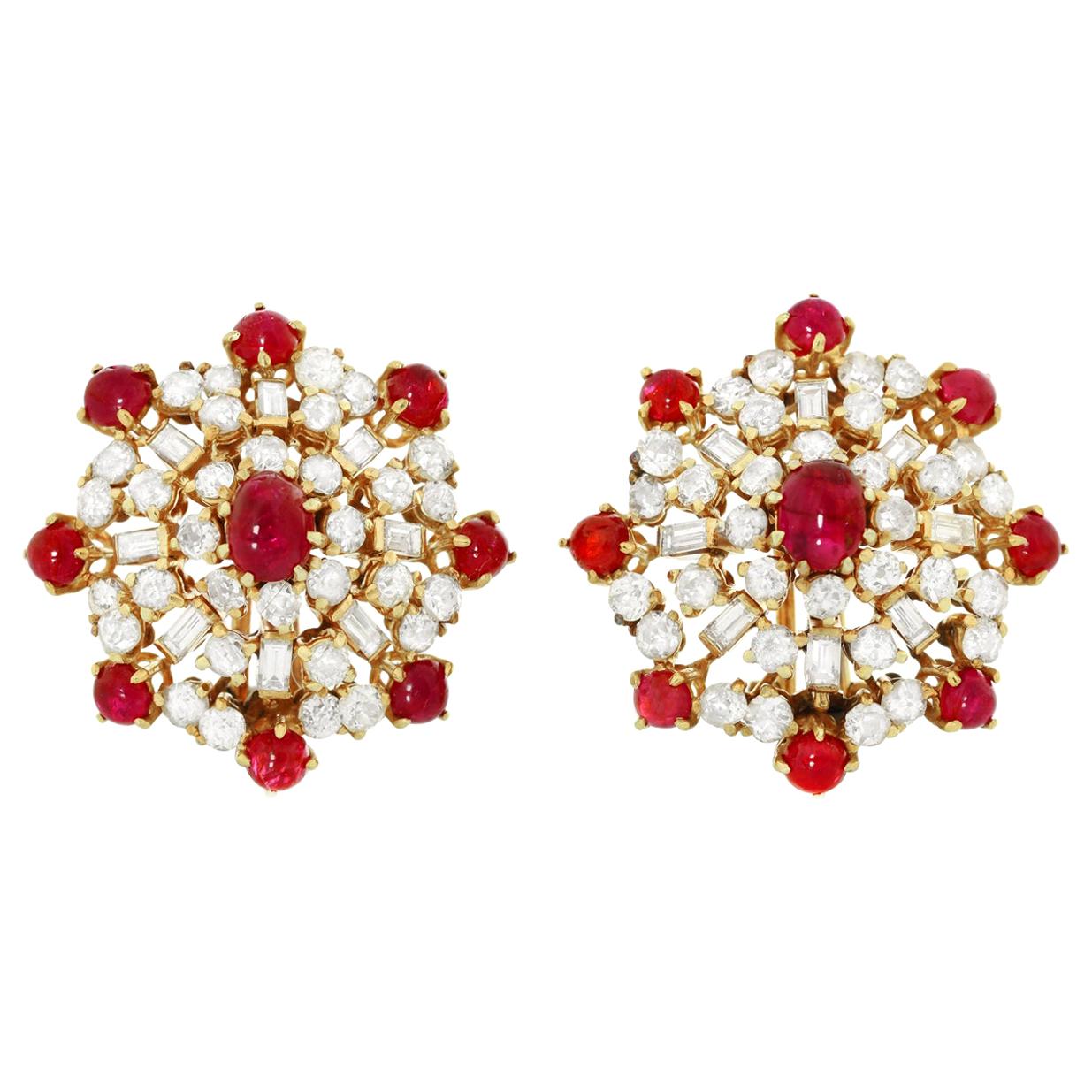 Retro Ruby and Diamond Earclips, 1950s