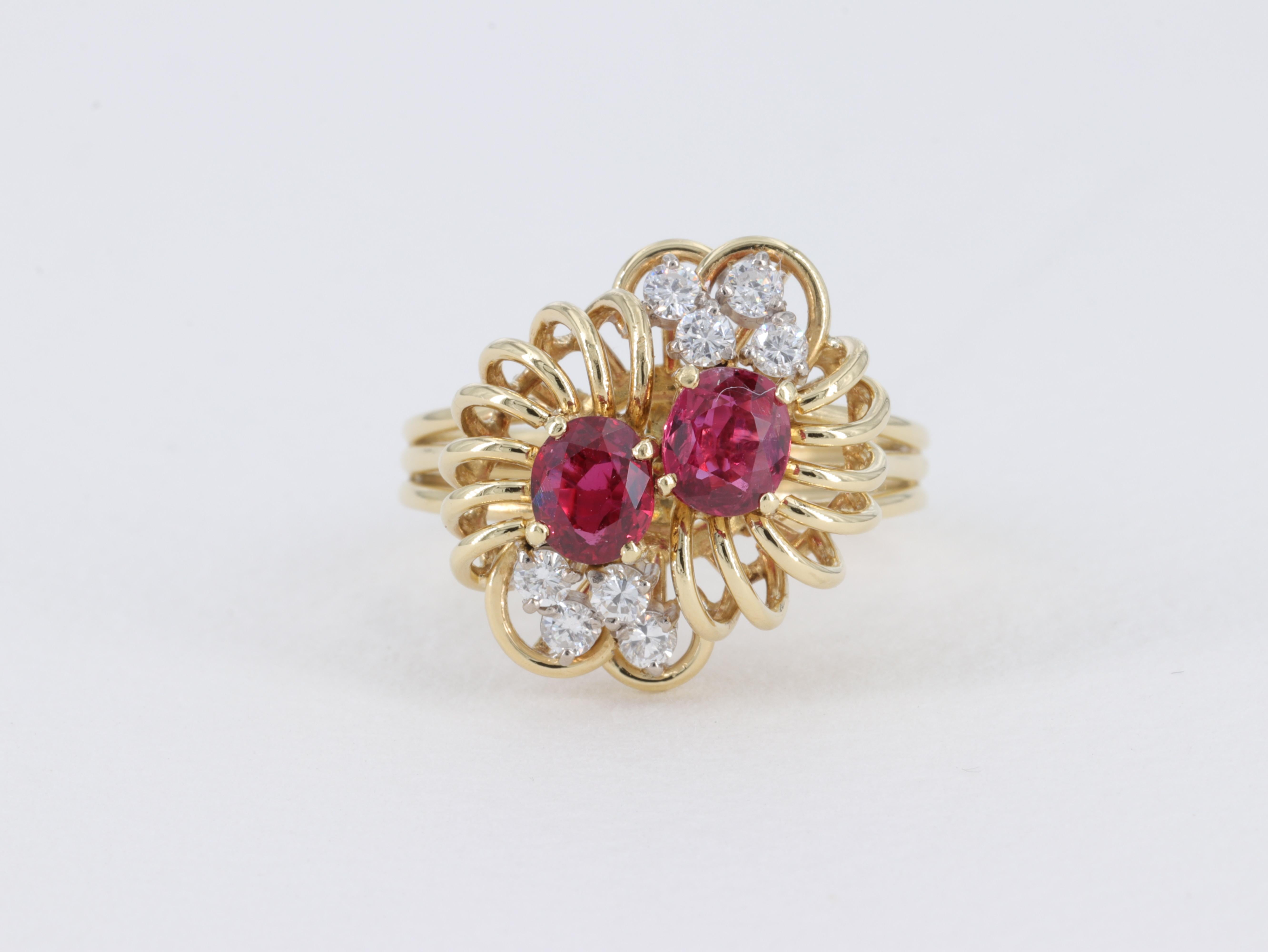Retro Ruby and Diamond Ring Set with 2 Matching Oval Shape Rubies and 8 Round Brilliant Cut Diamonds Set in 18k Yellow Gold. 

Stones:

Rubies - 2 Stones = 0.82 carats
Color - Vivid Red 
Clarity - Eye Clean 
        
Diamonds - 8 Stones = 0.28