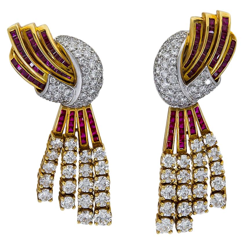 Retro Ruby and Diamond Rose Gold Clip-On Earrings