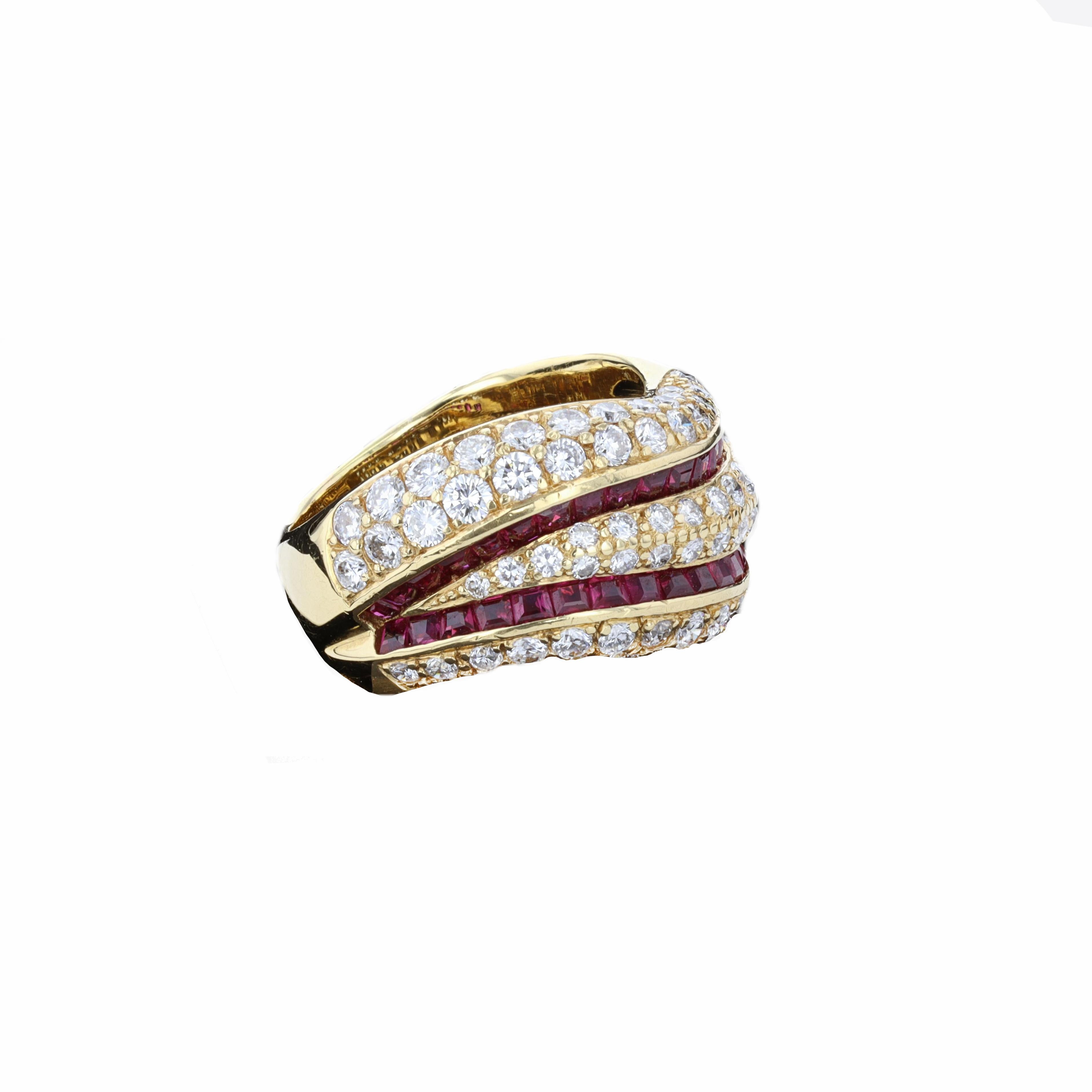 Funky & chunky, this cocktail ring makes a bold statement with an organic flowing design. Alternating waves of square rubies and round diamonds are set in bright 18k yellow gold, bringing out the natural warmth of the rubies’ color.

