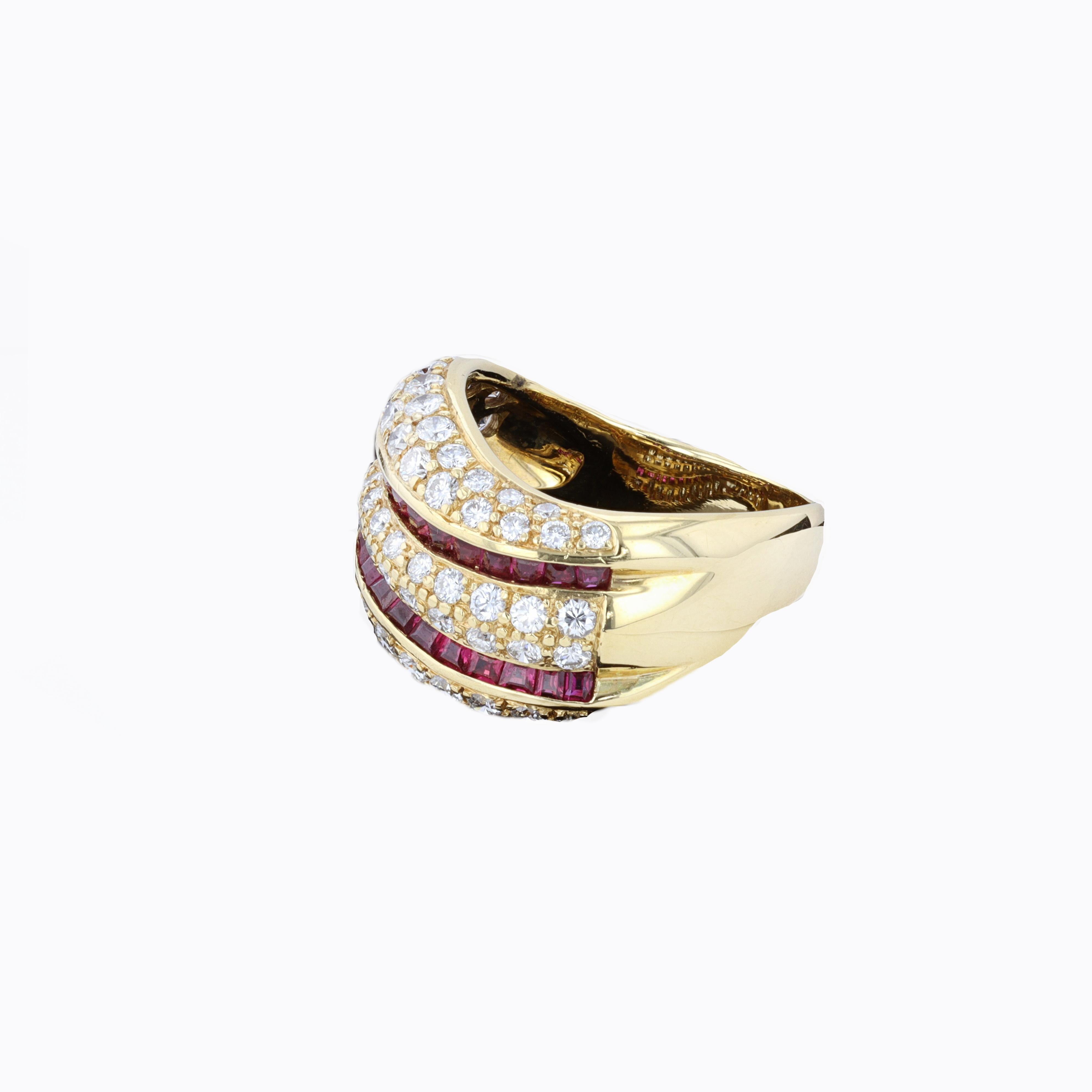 Women's or Men's Retro Ruby and Diamond Wave Ring For Sale