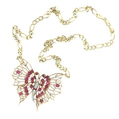 Retro Ruby and Diamond Yellow Gold Butterfly Pendant / Necklace