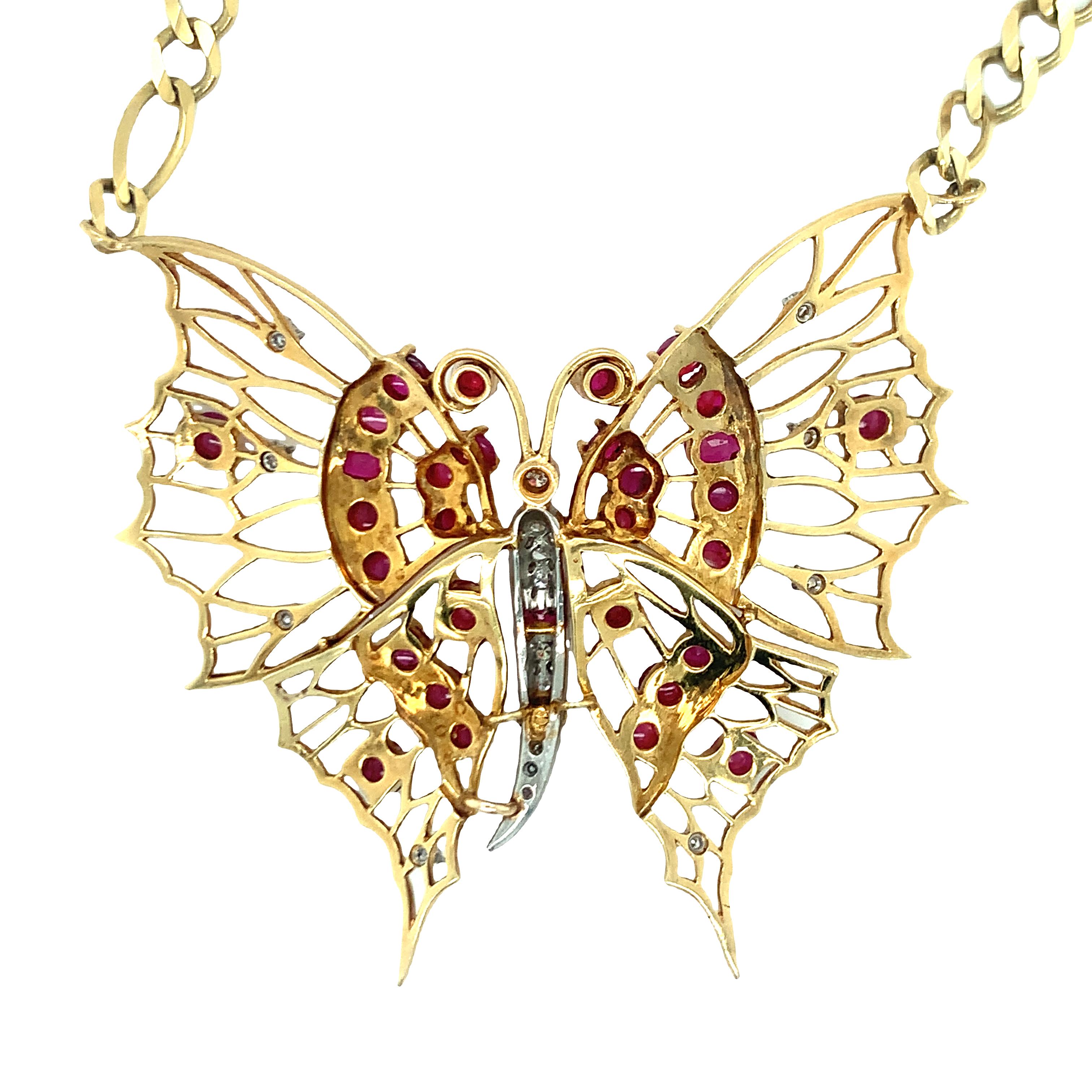 Cabochon Retro Ruby and Diamond Yellow Gold Butterfly Pendant / Necklace For Sale