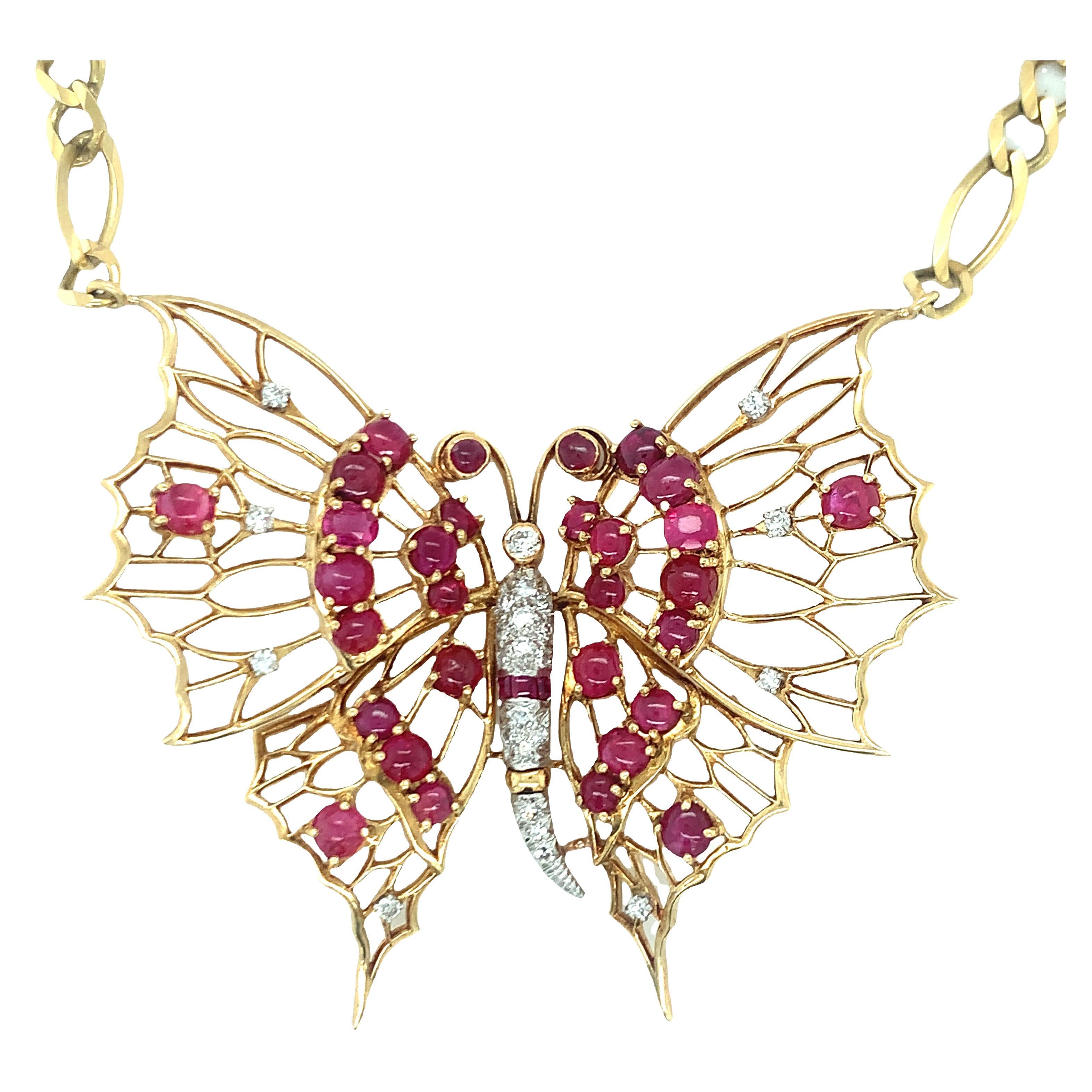Retro Ruby and Diamond Yellow Gold Butterfly Pendant / Necklace