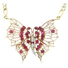 Vintage Ruby and Diamond Yellow Gold Butterfly Pendant / Necklace