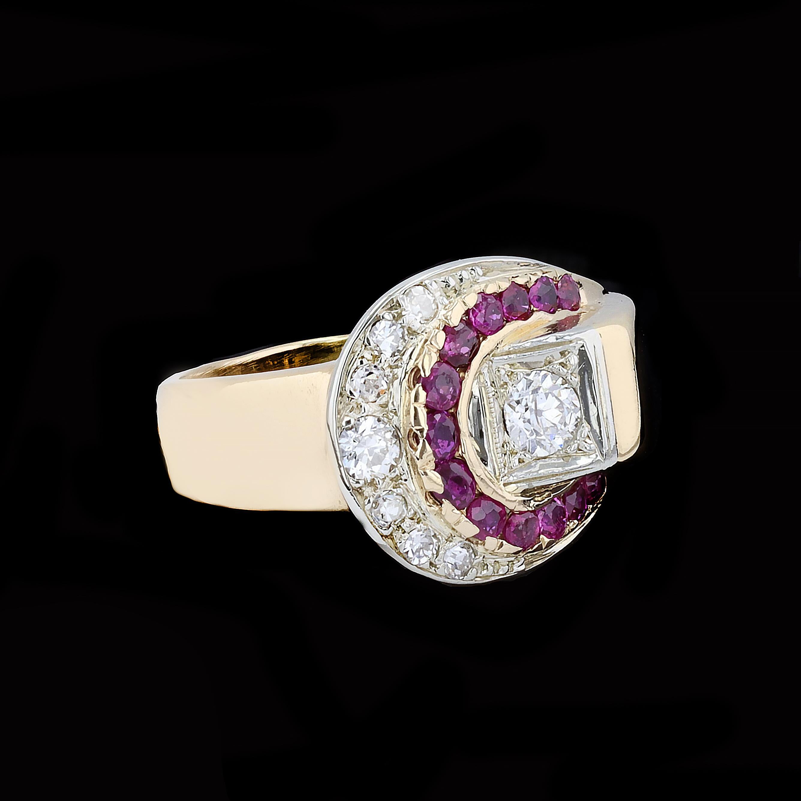 Old Mine Cut Retro Ruby and Old Mine Diamond 14k Ring For Sale