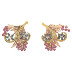 Retro Ruby Blue Sapphire Diamond 18K Two-Tone Floral Earrings