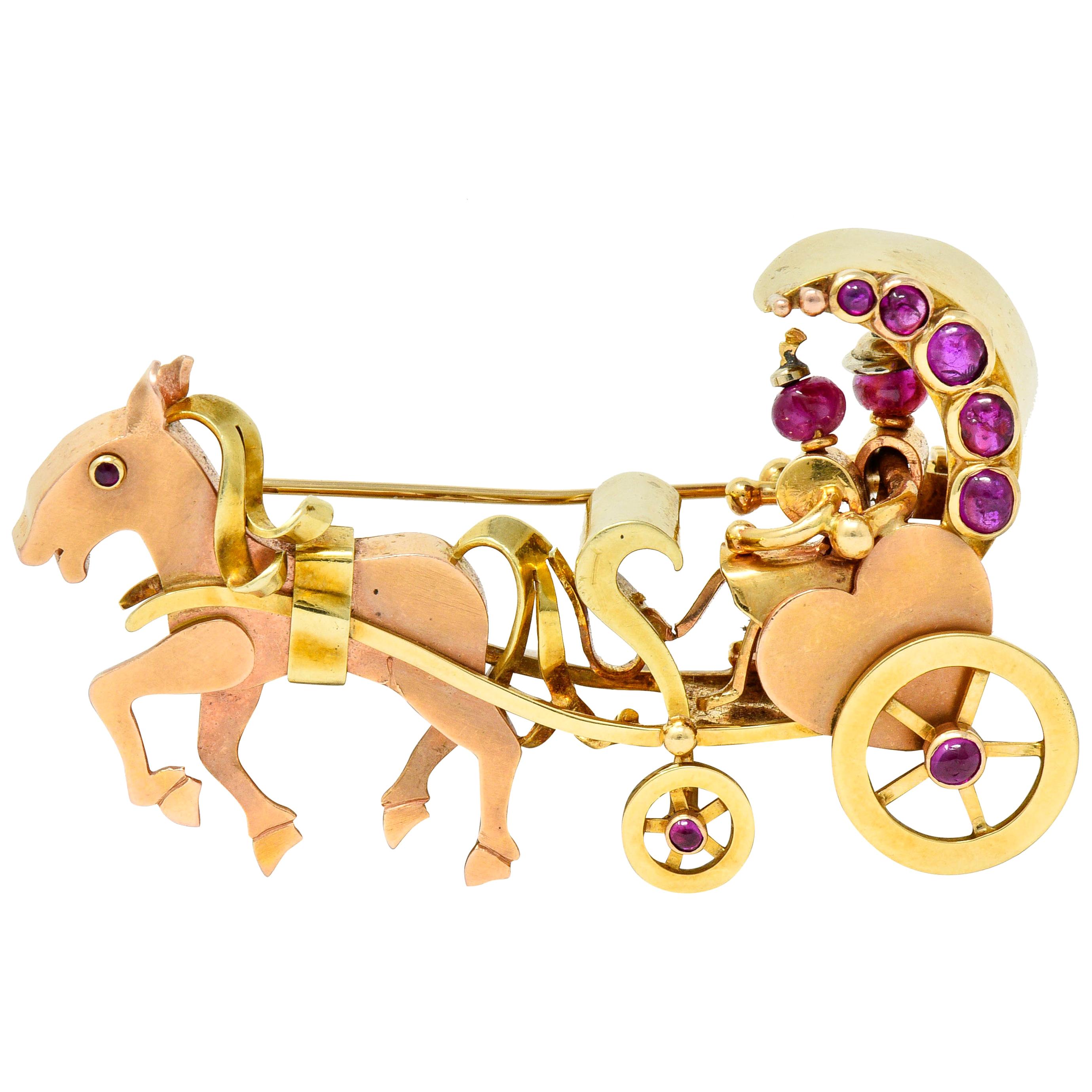 Retro Ruby Cabochon 14 Karat Two-Tone Gold Horse and Carriage Brooch