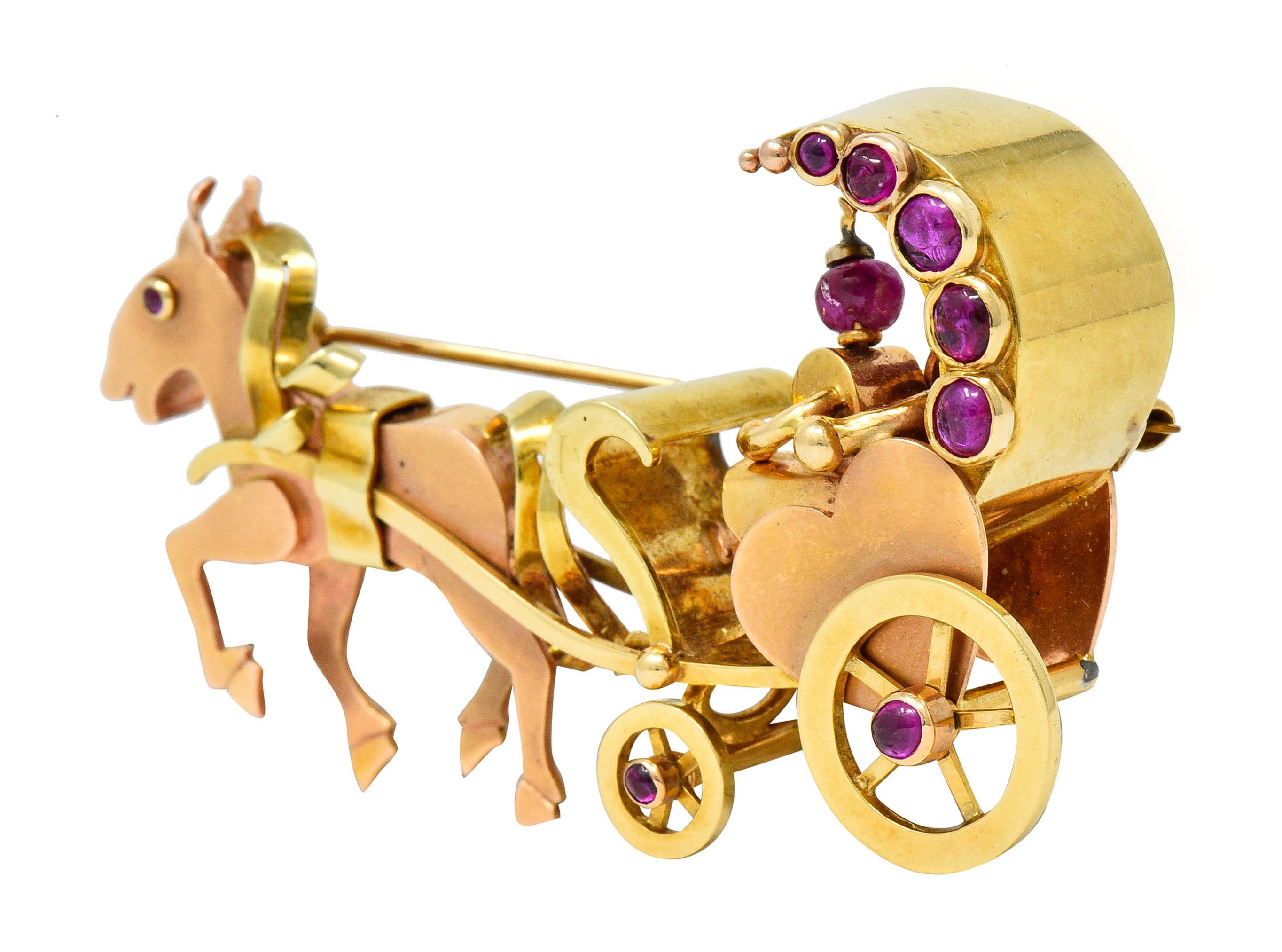 Brooch is designed as a jaunty rose gold horse pulling a heart shaped rose gold carriage with two figures inside

Mane, articulated wheels, carriage cover, and reigns are all polished yellow gold with stylized fabrication

Accented throughout by