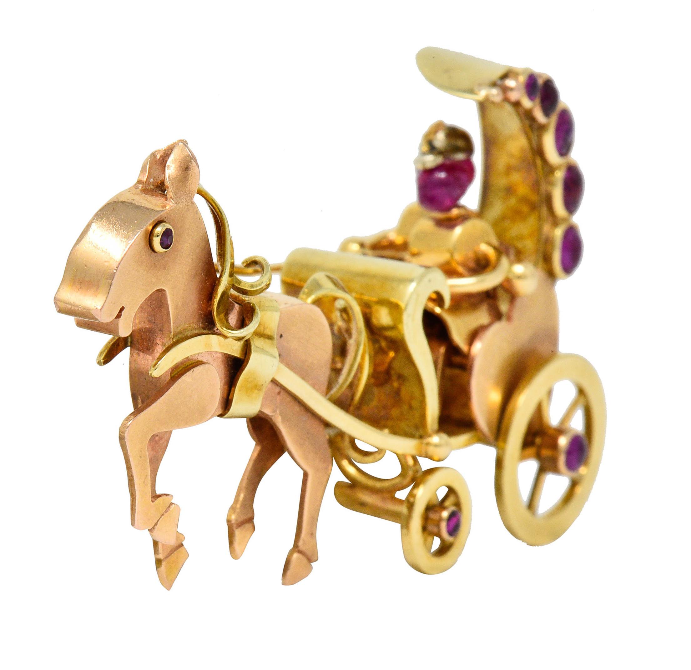 Retro Ruby Cabochon 14 Karat Two-Tone Gold Horse and Carriage Brooch In Excellent Condition In Philadelphia, PA