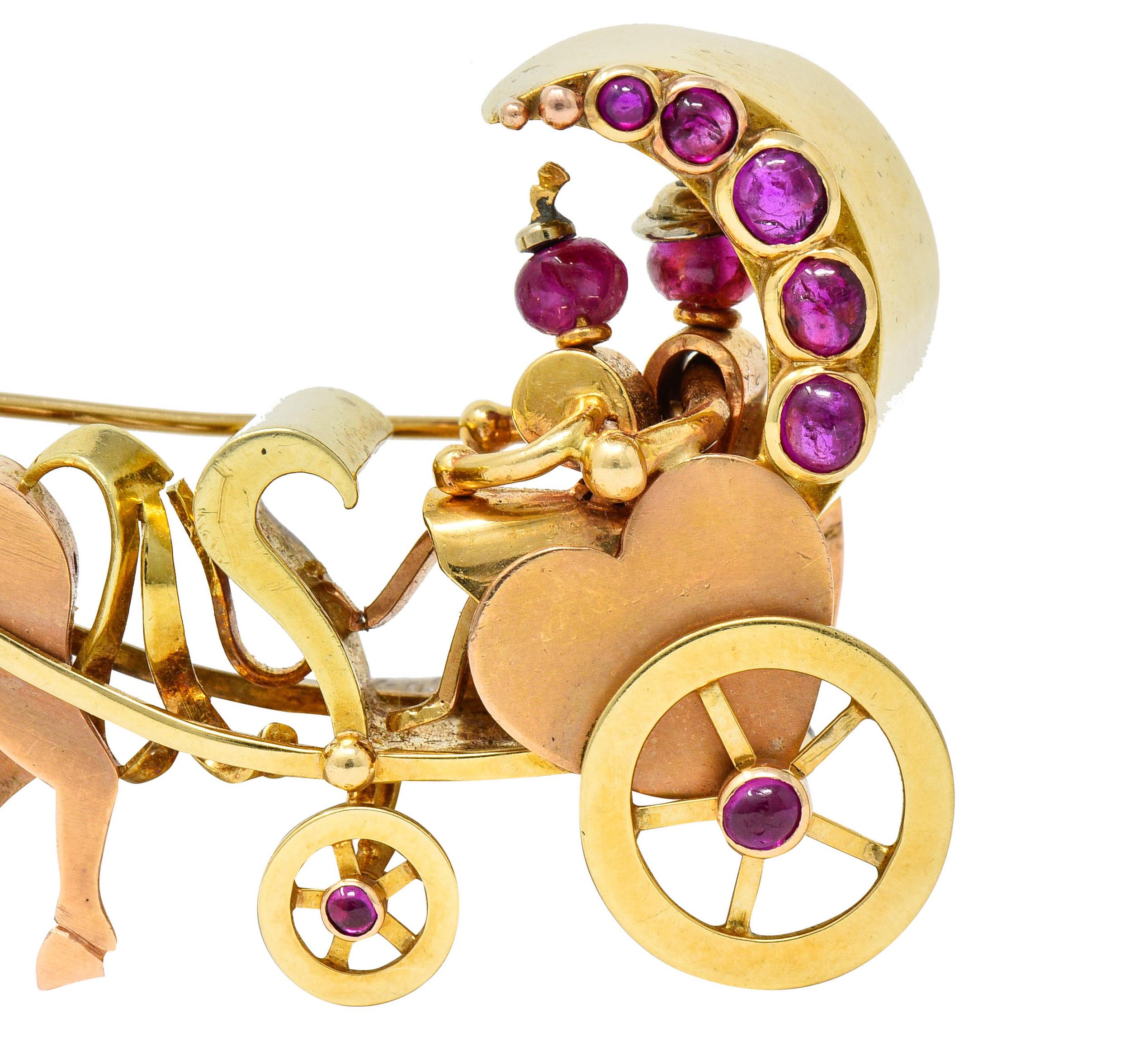 Retro Ruby Cabochon 14 Karat Two-Tone Gold Horse and Carriage Brooch 1