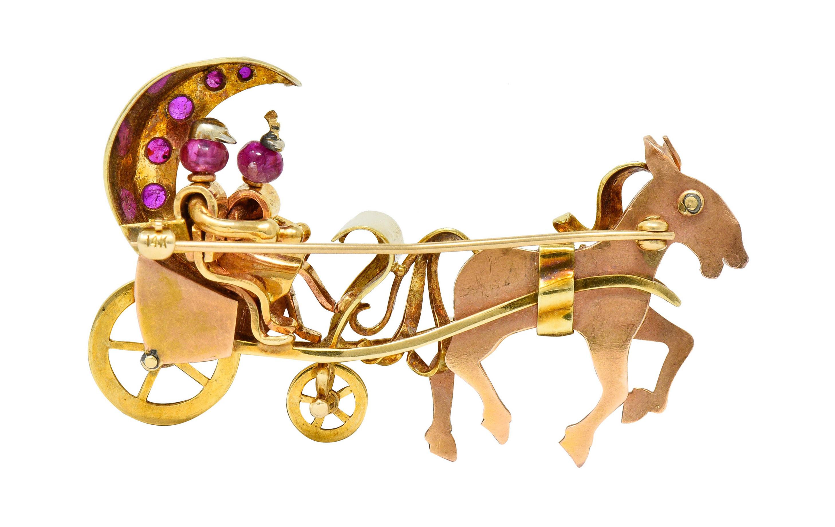 Retro Ruby Cabochon 14 Karat Two-Tone Gold Horse and Carriage Brooch 2