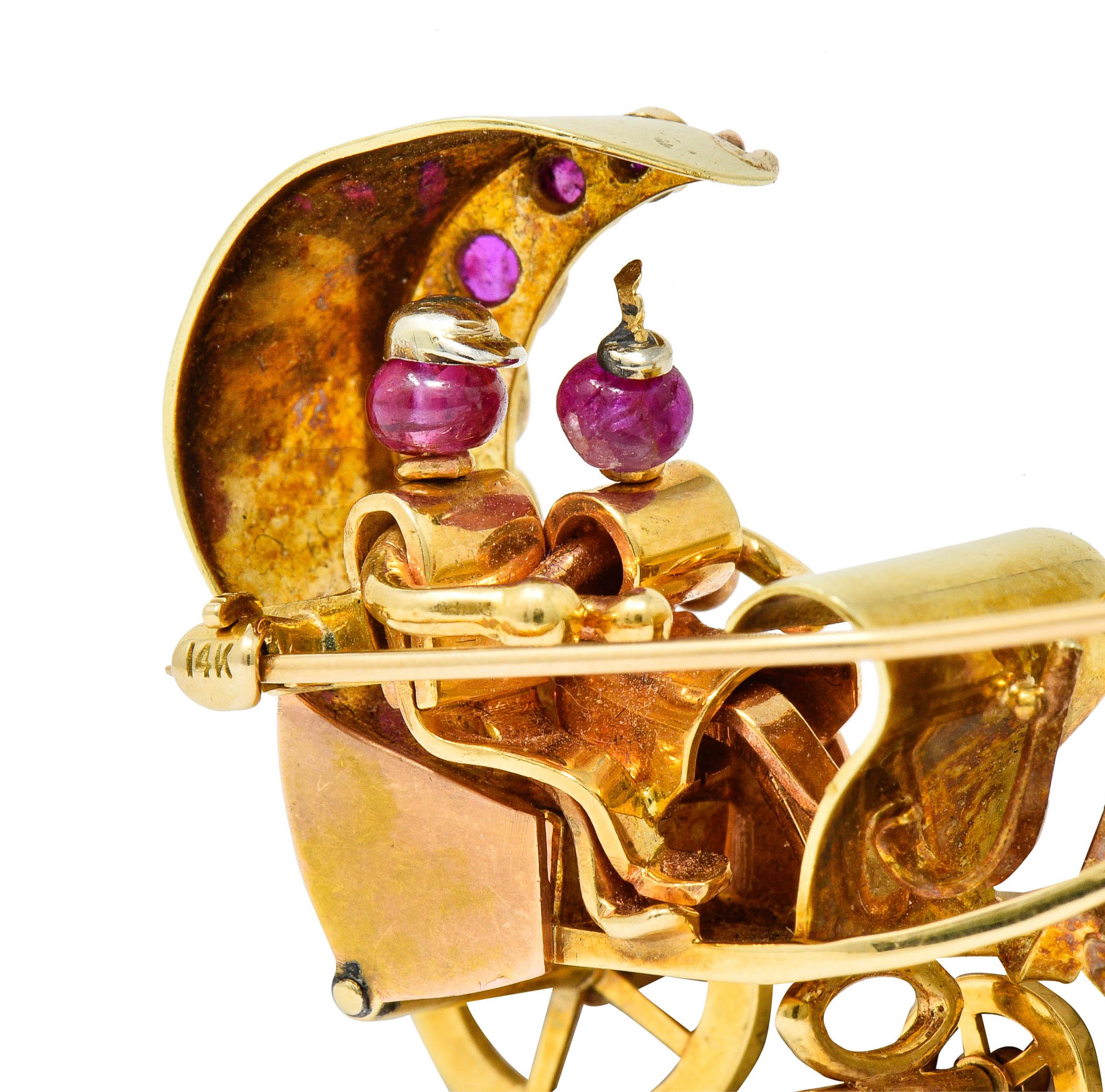 Retro Ruby Cabochon 14 Karat Two-Tone Gold Horse and Carriage Brooch 3