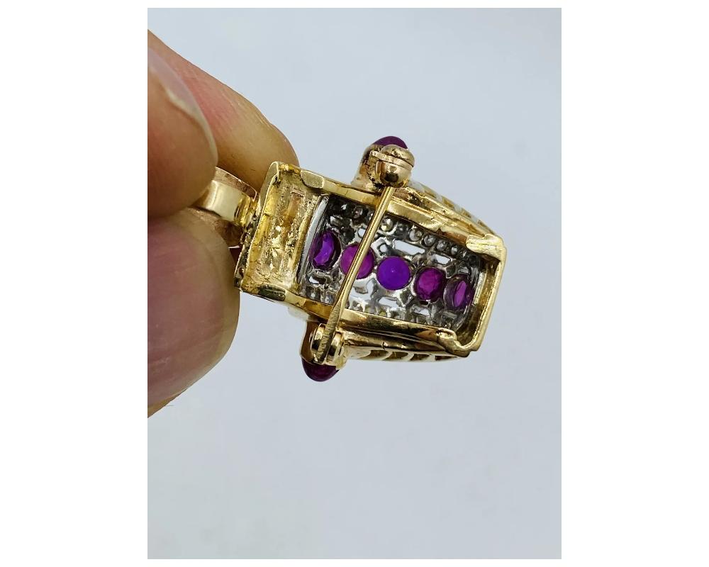 Women's Retro Ruby Diamond 14k Gold Brooch Pendant For Sale