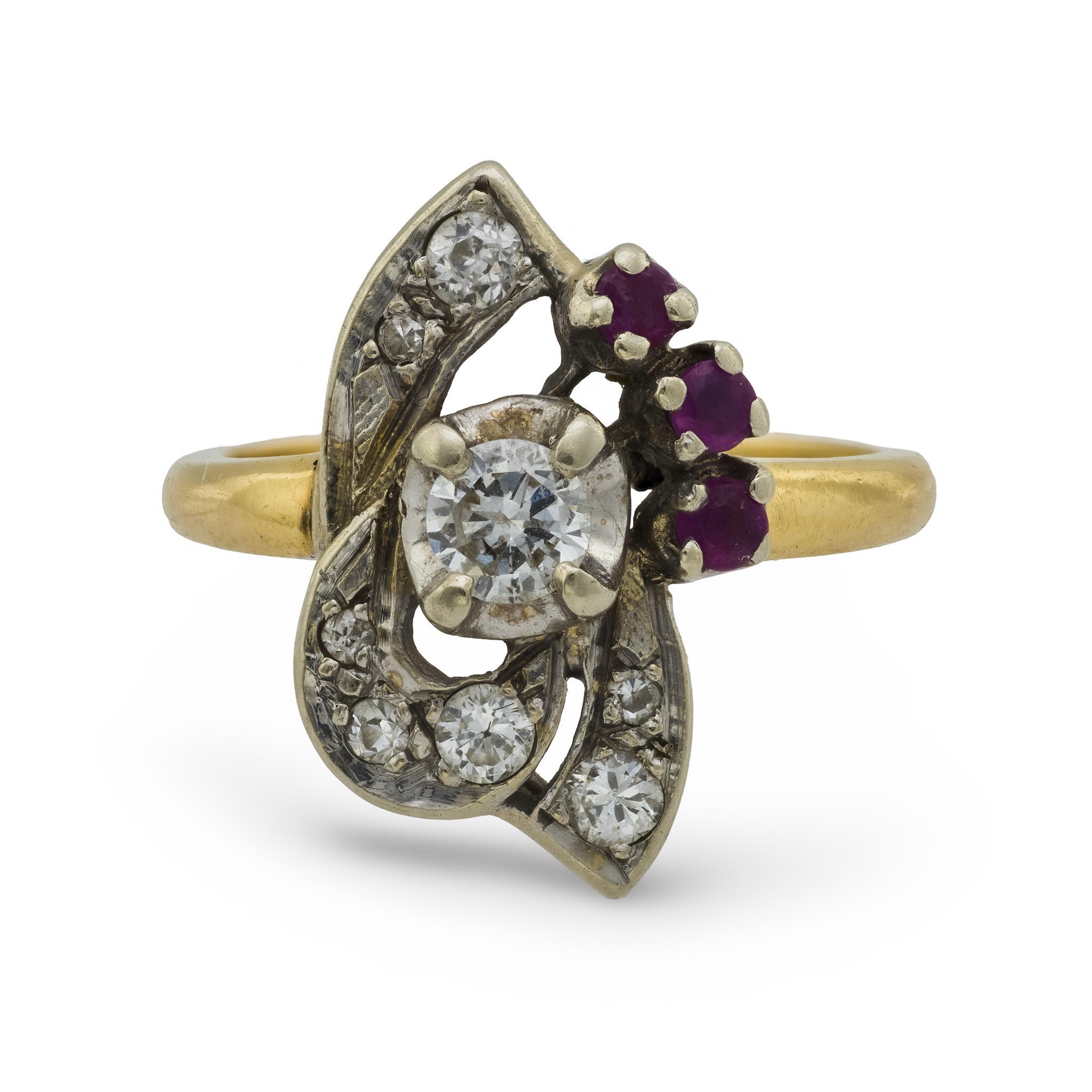 Retro Rubin-Diamant 14k zweifarbiger Goldring (Brillantschliff) im Angebot