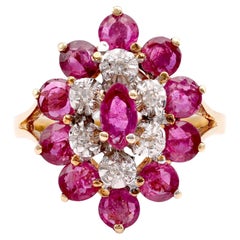 Retro Ruby Diamond 14K Yellow and Gold Cluster Ring