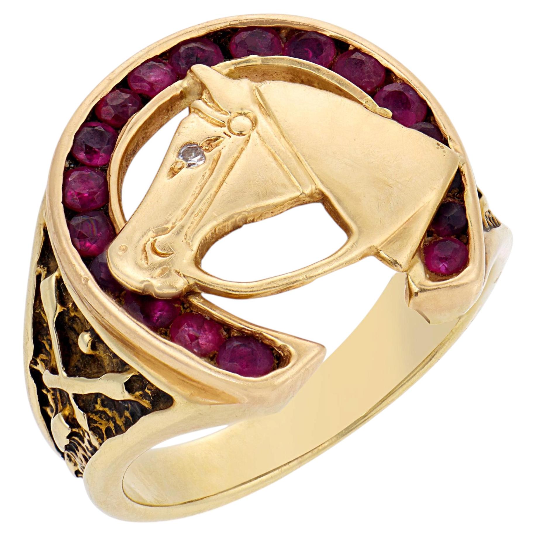 Retro ruby diamond 14k yellow gold horseshoe signet ring For Sale