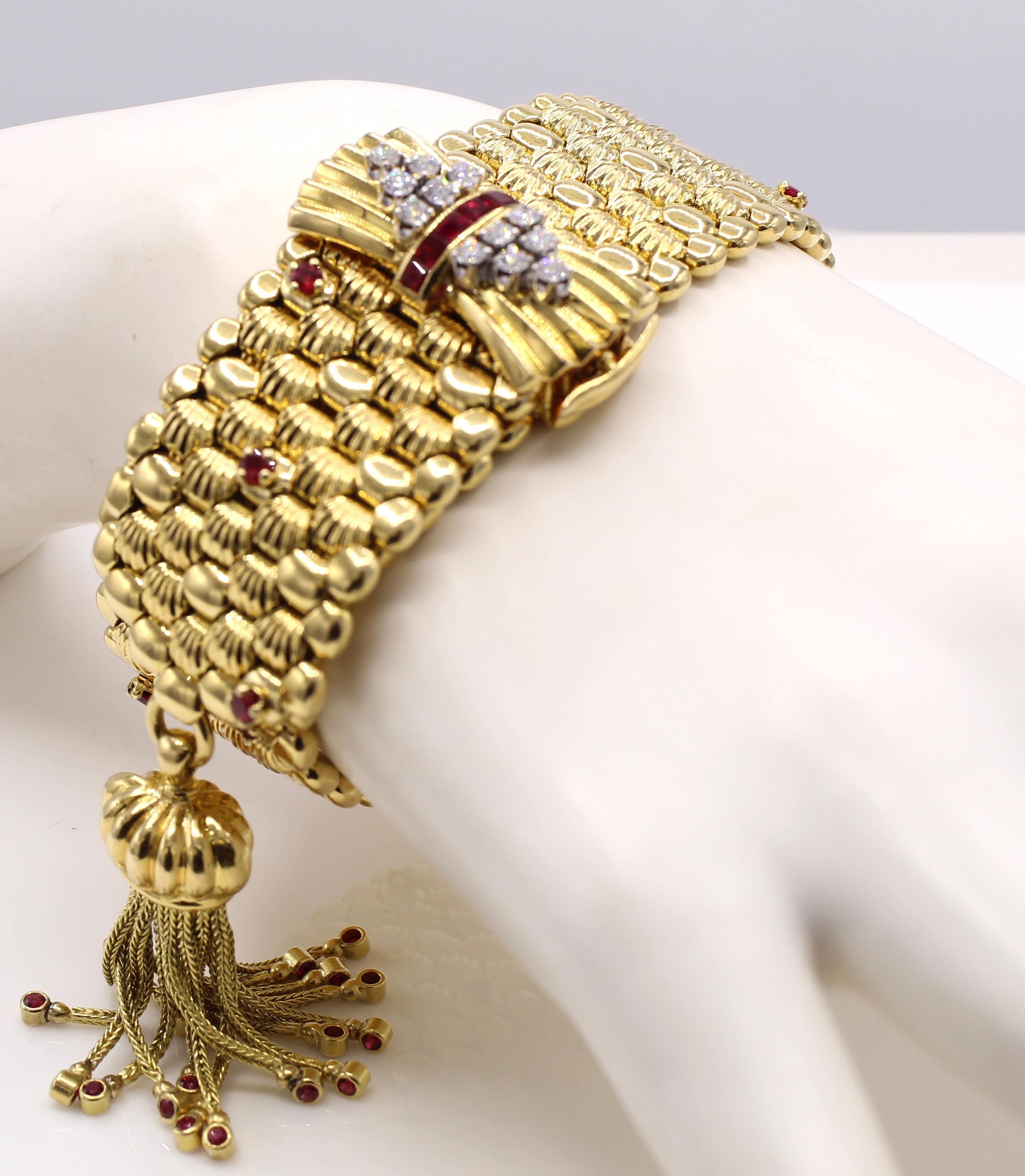 Retro Rubin-Diamant-Armband aus 18 Karat Gelbgold mit Schnalle (Rundschliff) im Angebot