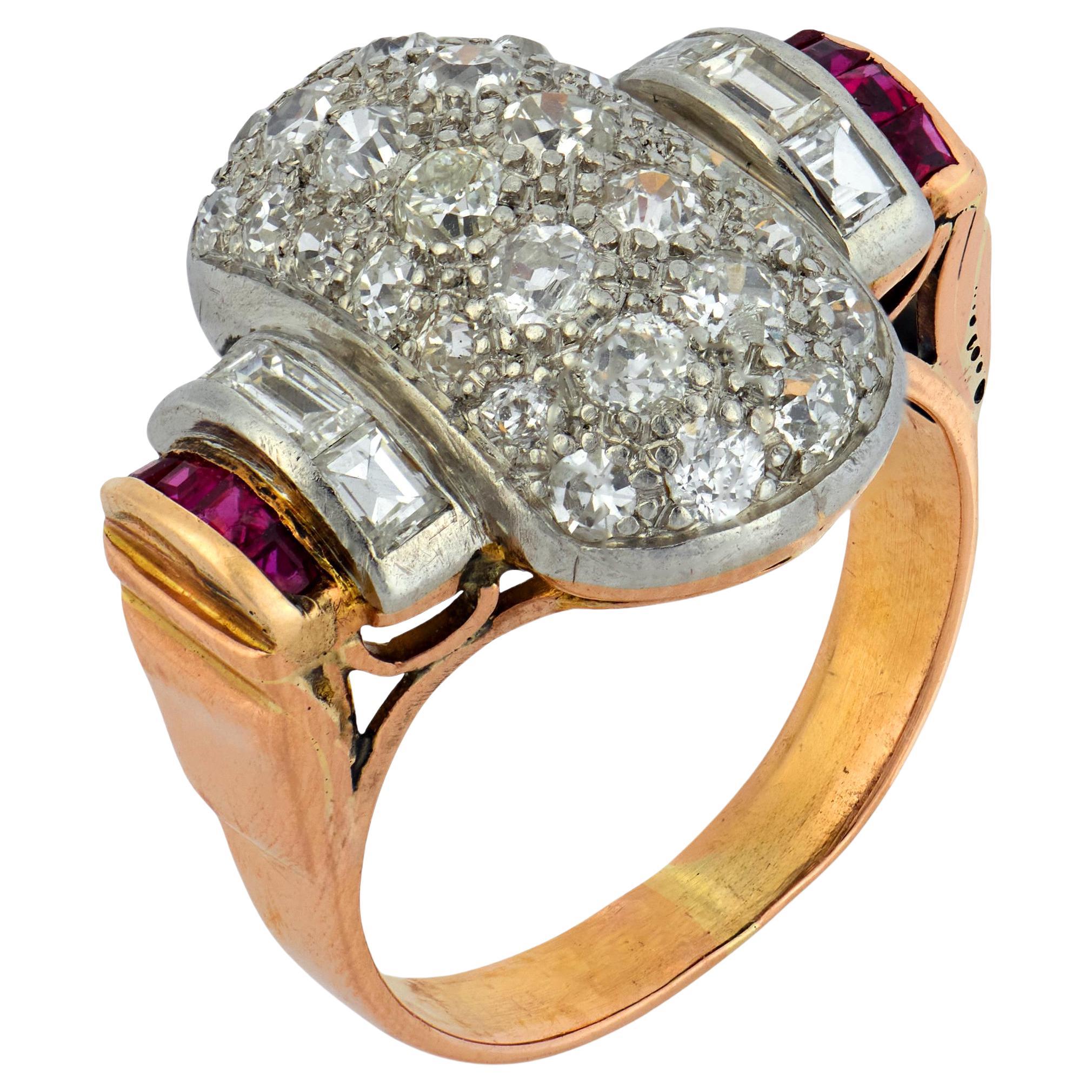 Retro 1940s 18k Rose Gold Ruby Diamond Tank Ring, 7.35ct Total Weight