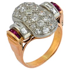 Retro 1940s 18k Rose Gold Ruby Diamond Tank Ring, 7.35ct Total Weight