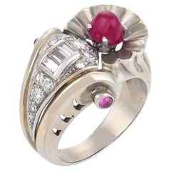 Retro ruby diamond 18k white gold cocktail ring