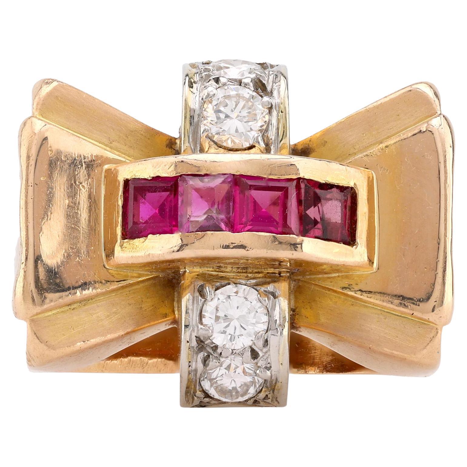 Retro Ruby Diamond 18K Yellow Gold Tank Ring