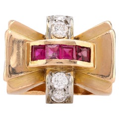 Retro Ruby Diamond 18K Yellow Gold Tank Ring