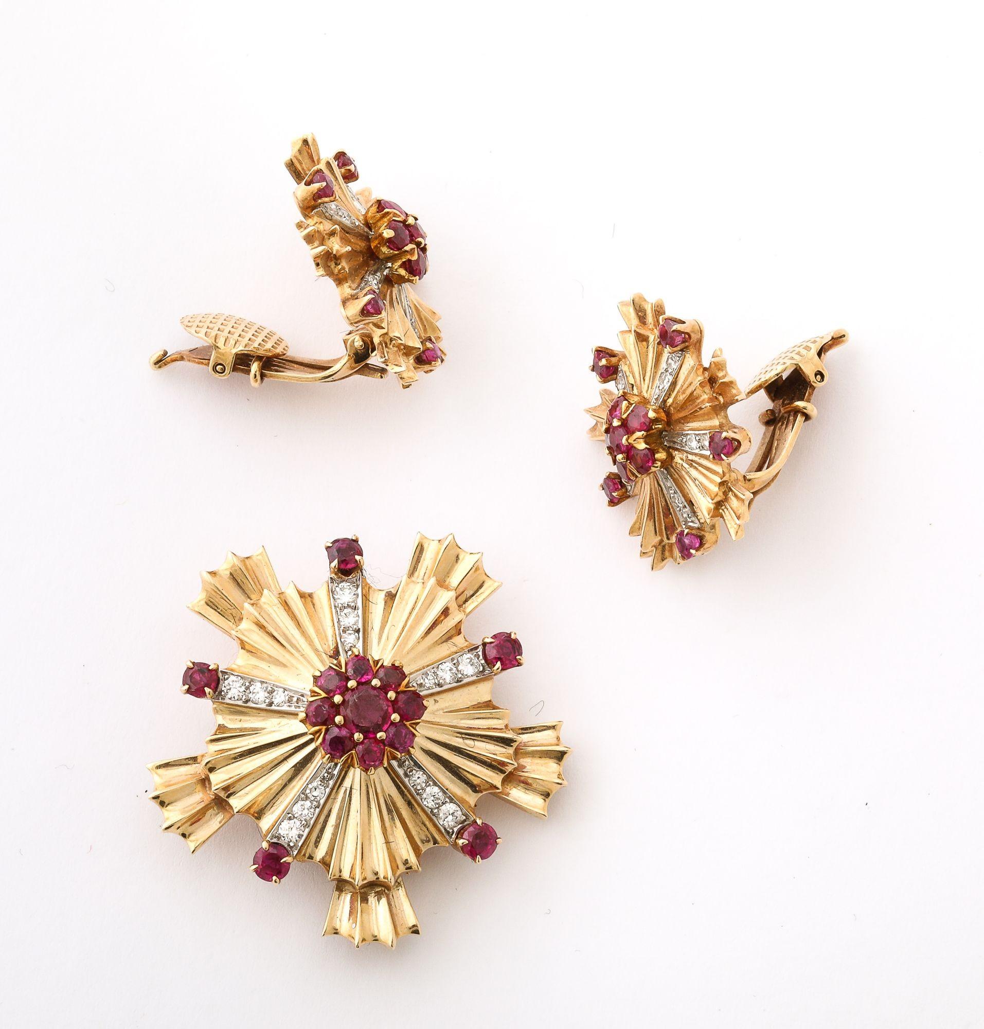 Retro Ruby, Diamond and 14k Gold Earring and Brooch Set For Sale 6
