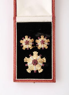 Retro Ruby, Diamond and 14k Gold Earring and Brooch Set