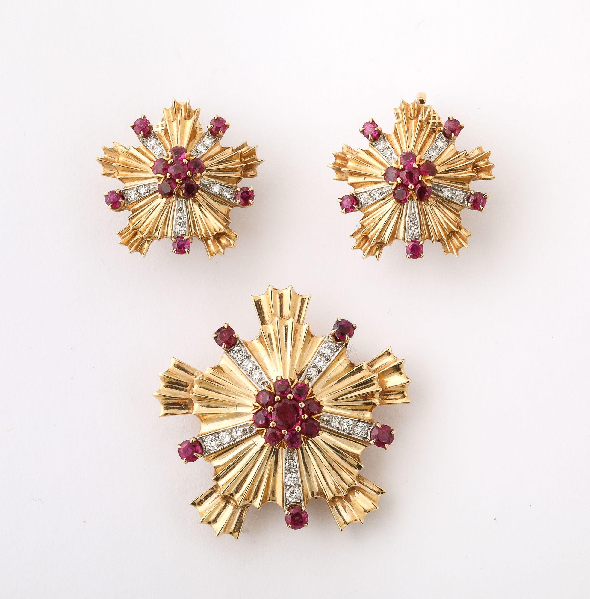 Women's Retro Ruby, Diamond and 14k Gold Earring and Brooch Set For Sale