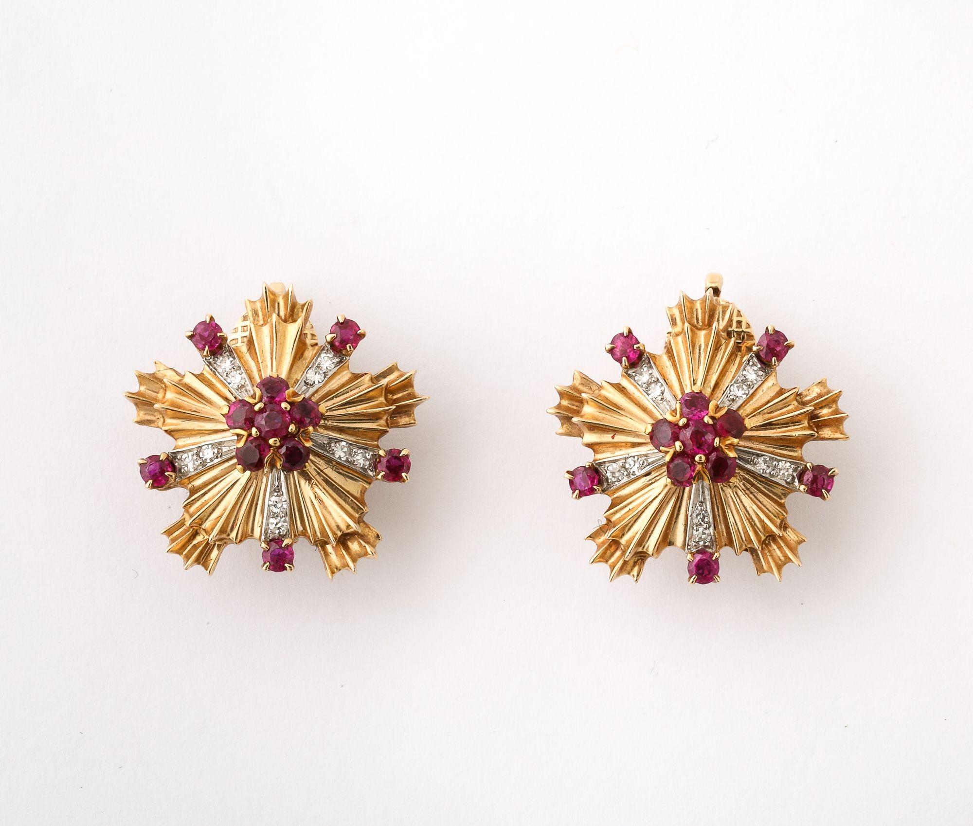 Retro Ruby, Diamond and 14k Gold Earring and Brooch Set For Sale 1