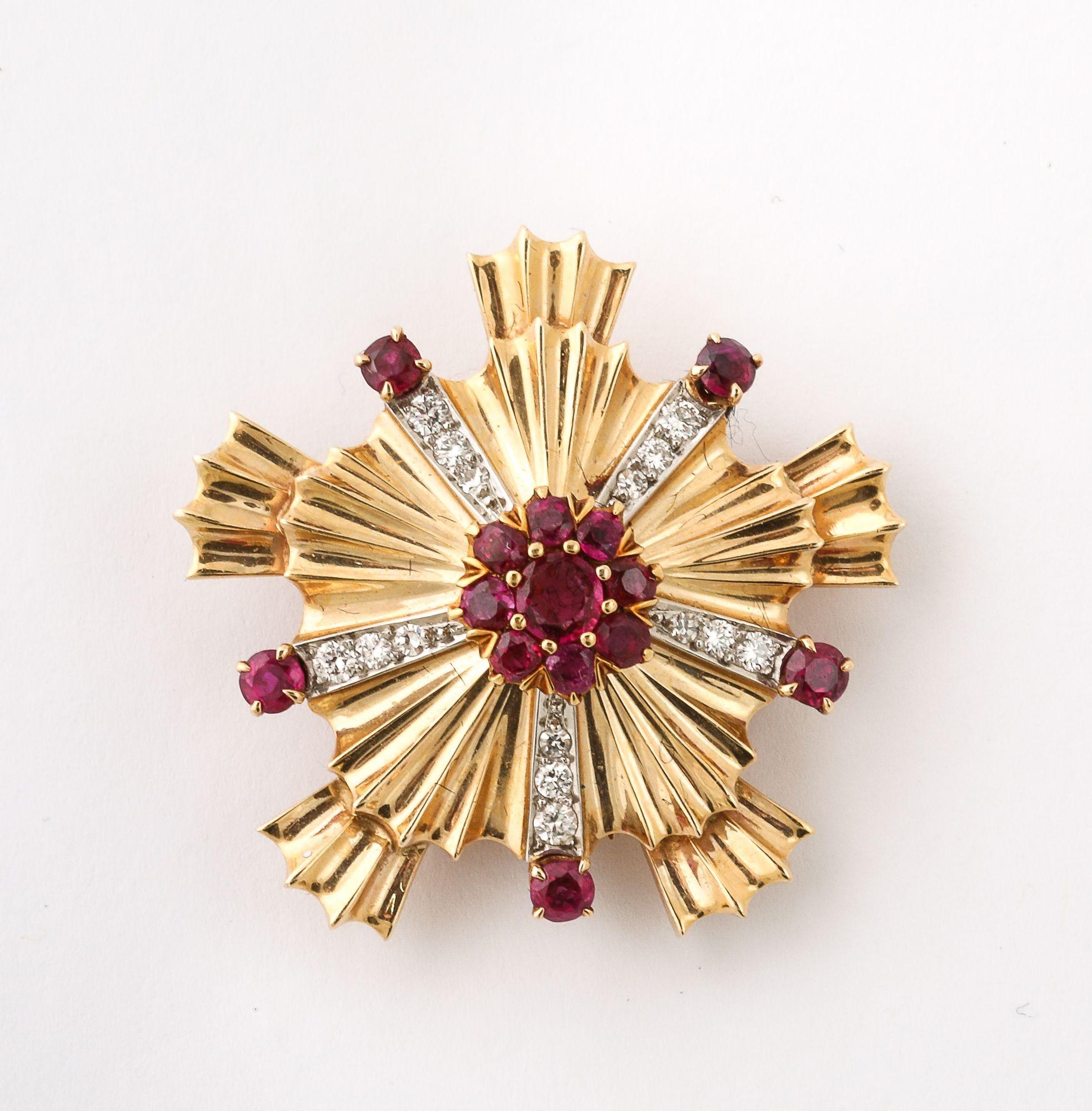 Retro Ruby, Diamond and 14k Gold Earring and Brooch Set For Sale 2