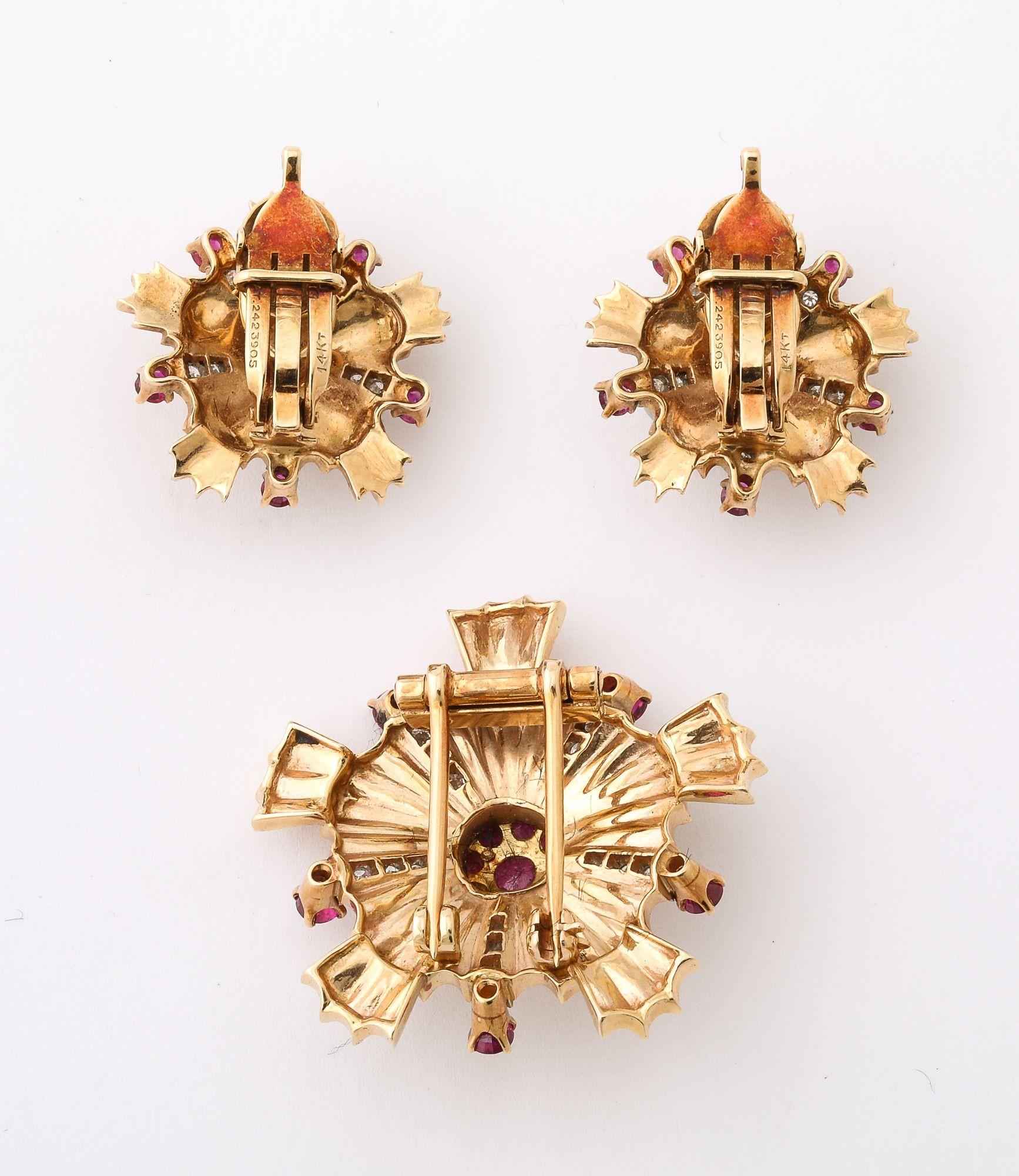 Retro Ruby, Diamond and 14k Gold Earring and Brooch Set For Sale 3