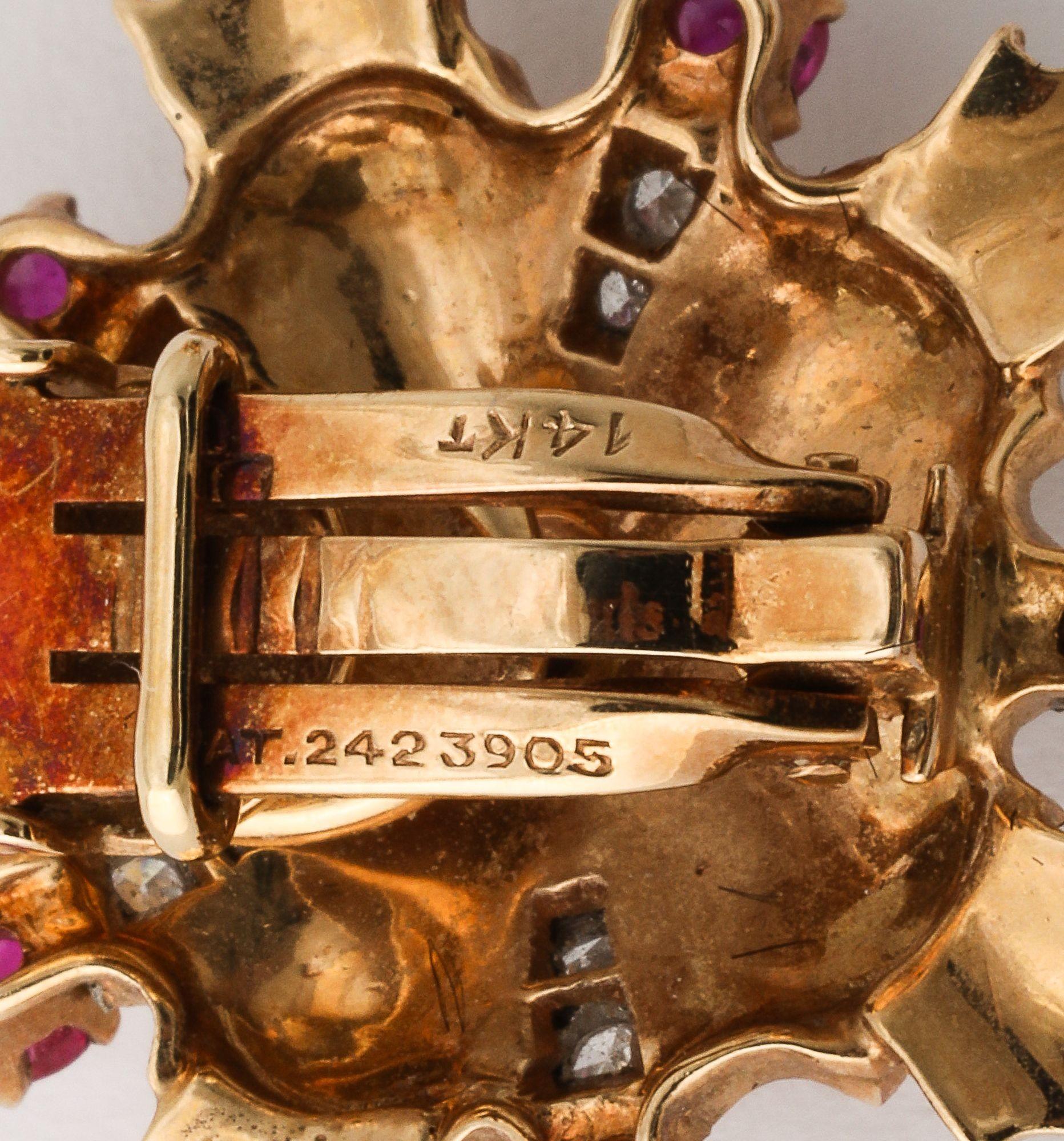 Retro Ruby, Diamond and 14k Gold Earring and Brooch Set For Sale 4