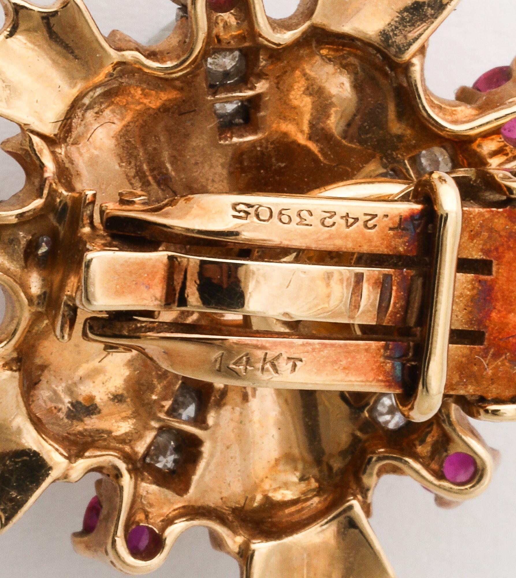 Retro Ruby, Diamond and 14k Gold Earring and Brooch Set For Sale 5