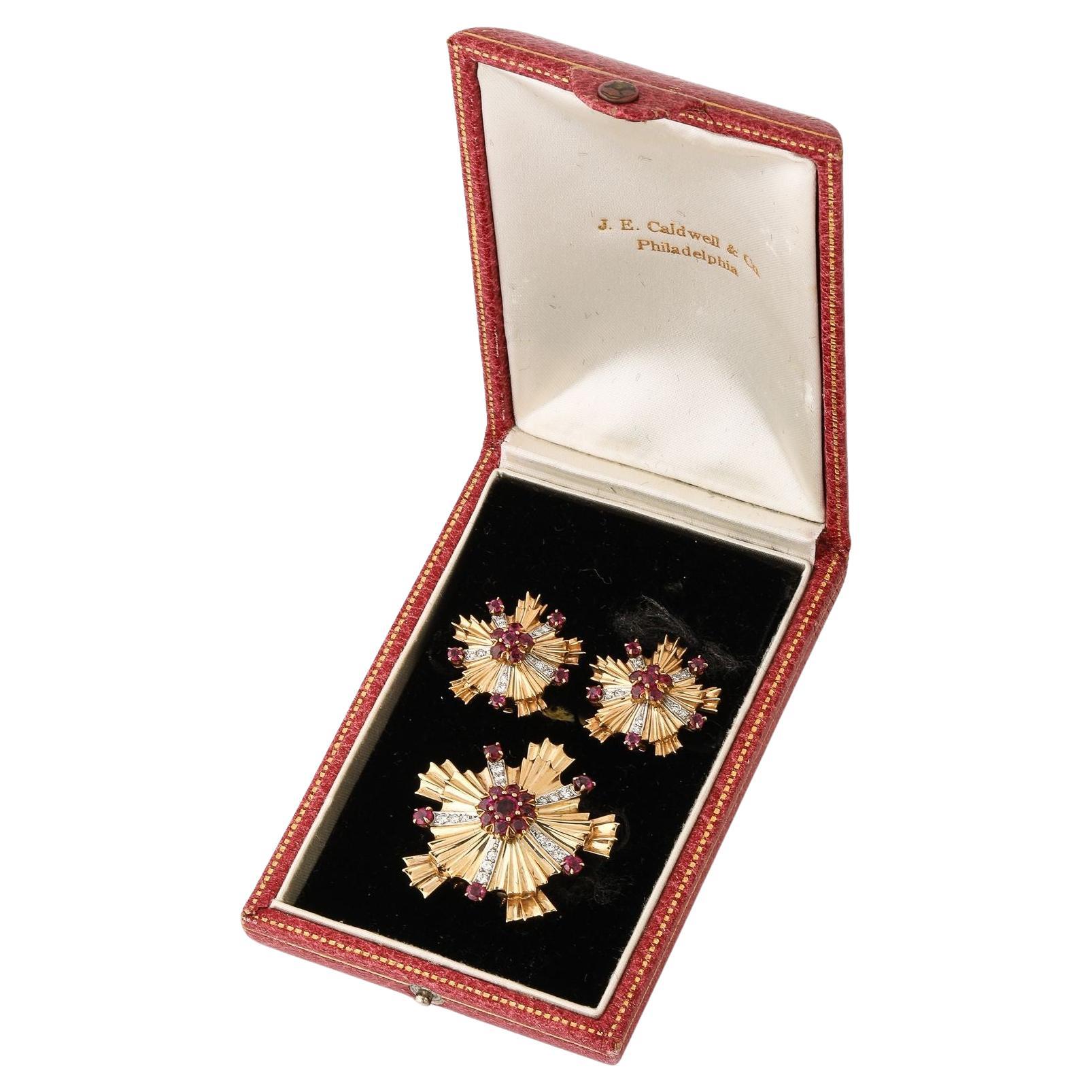 Retro Ruby, Diamond and 14k Gold Earring and Brooch Set For Sale